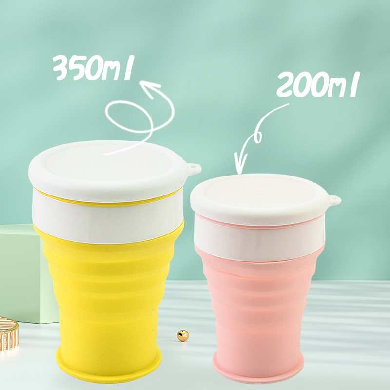 BUYUER Silicone Foldable Cup – 200ml/350ml Collapsible Travel Coffee Cup with Lid, Heat-Resistant Leakproof Portable Water Bottle for Outdoor Camping Hiking Gym & Travel – Space-Saving Lightweight (Pink)