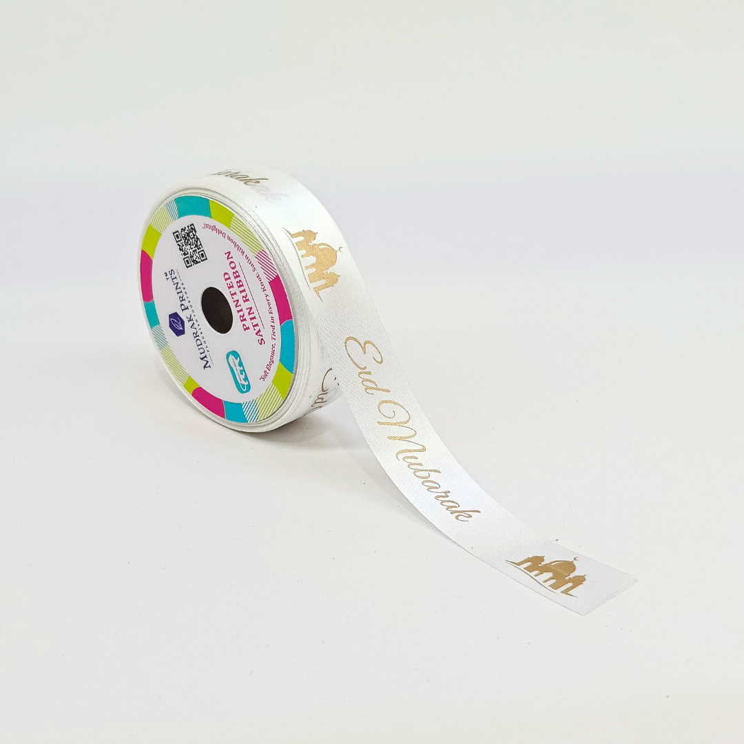 White Eid Mubarak Satin Ribbon Roll
