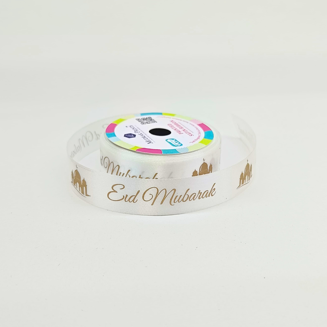 White Eid Mubarak Satin Ribbon Roll
