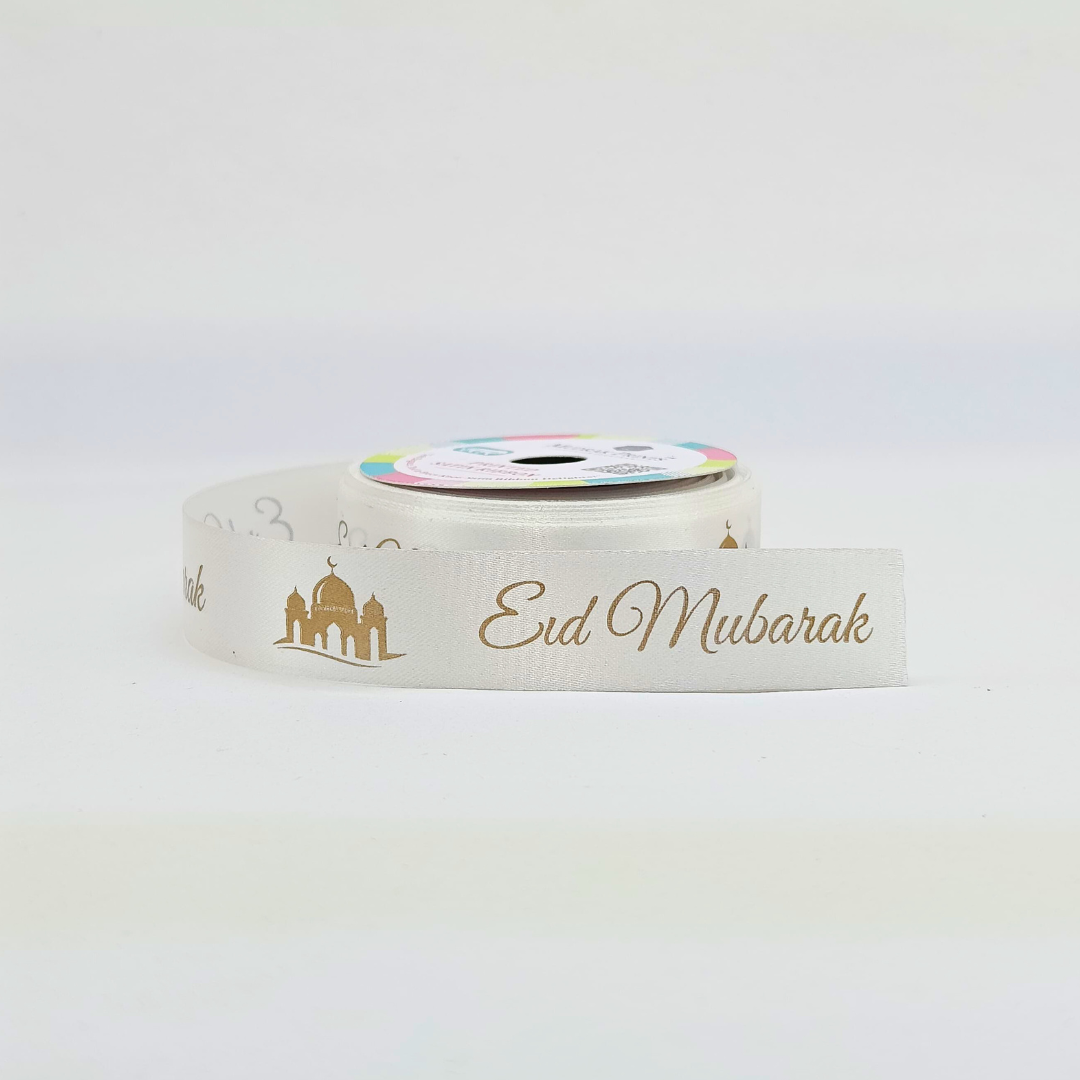 White Eid Mubarak Satin Ribbon Roll