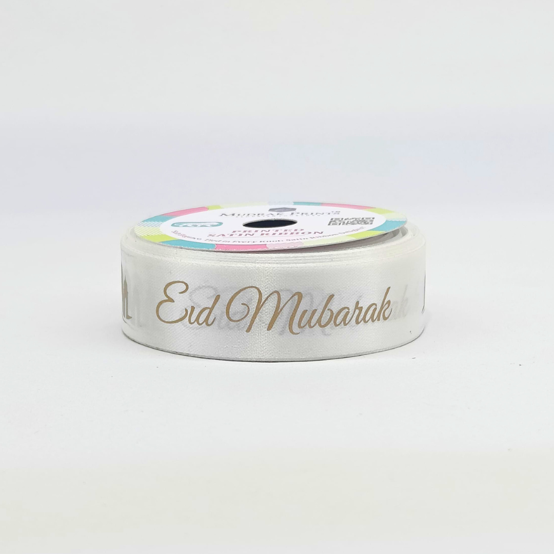 White Eid Mubarak Satin Ribbon Roll