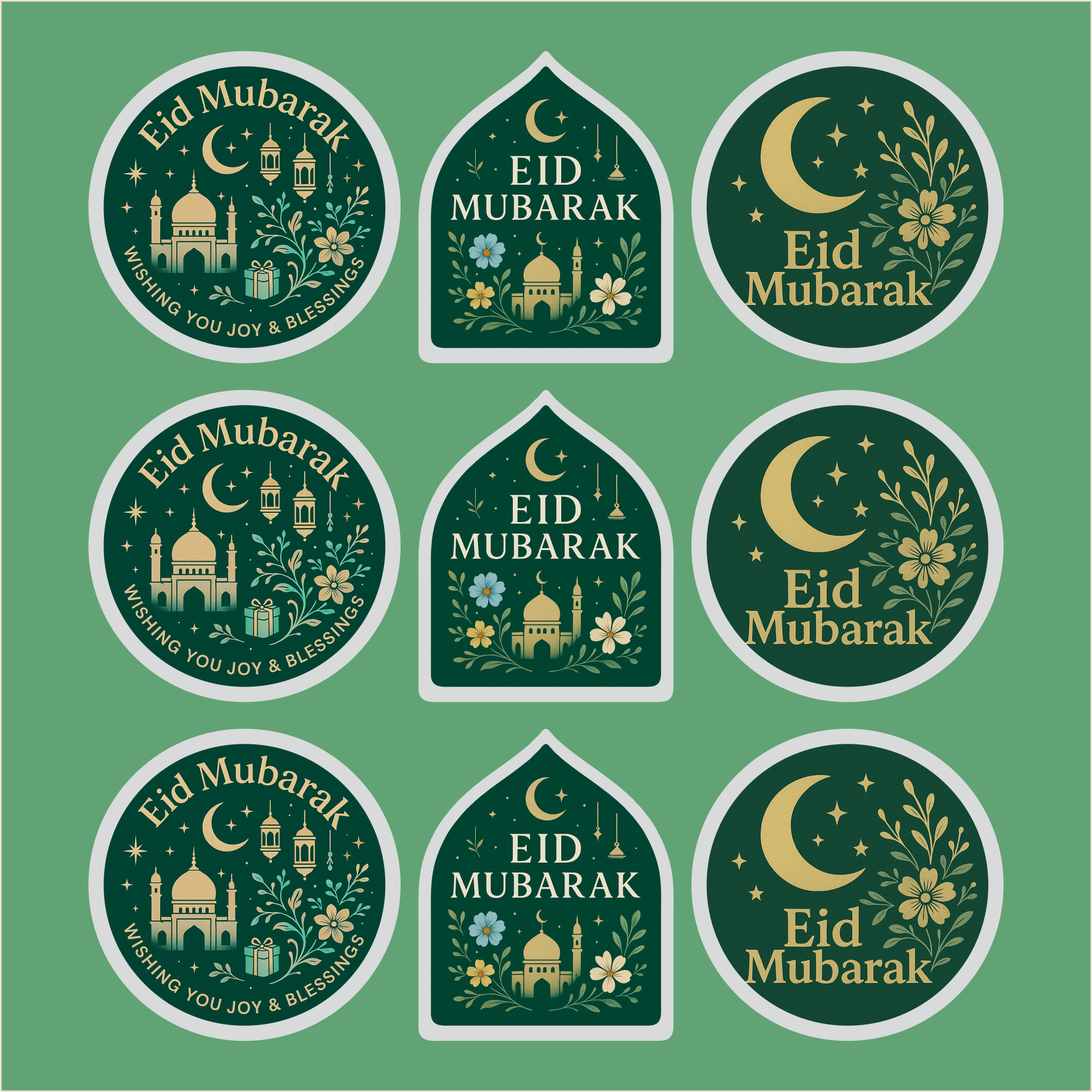 Eid Mubarak Mosque Silhouette and Round Shape Stickers