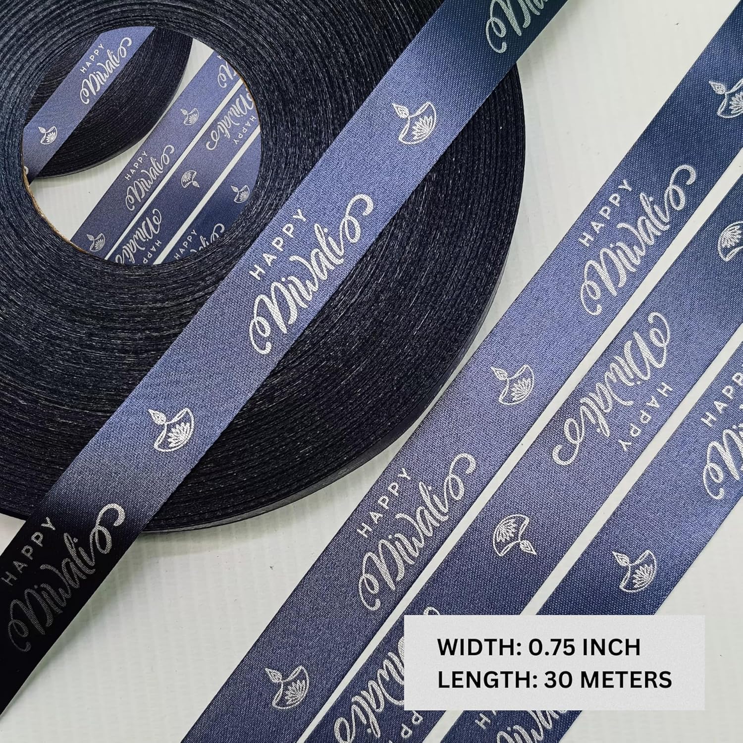Happy Diwali Printed Navy Nirwana Decorative Satin Ribbon