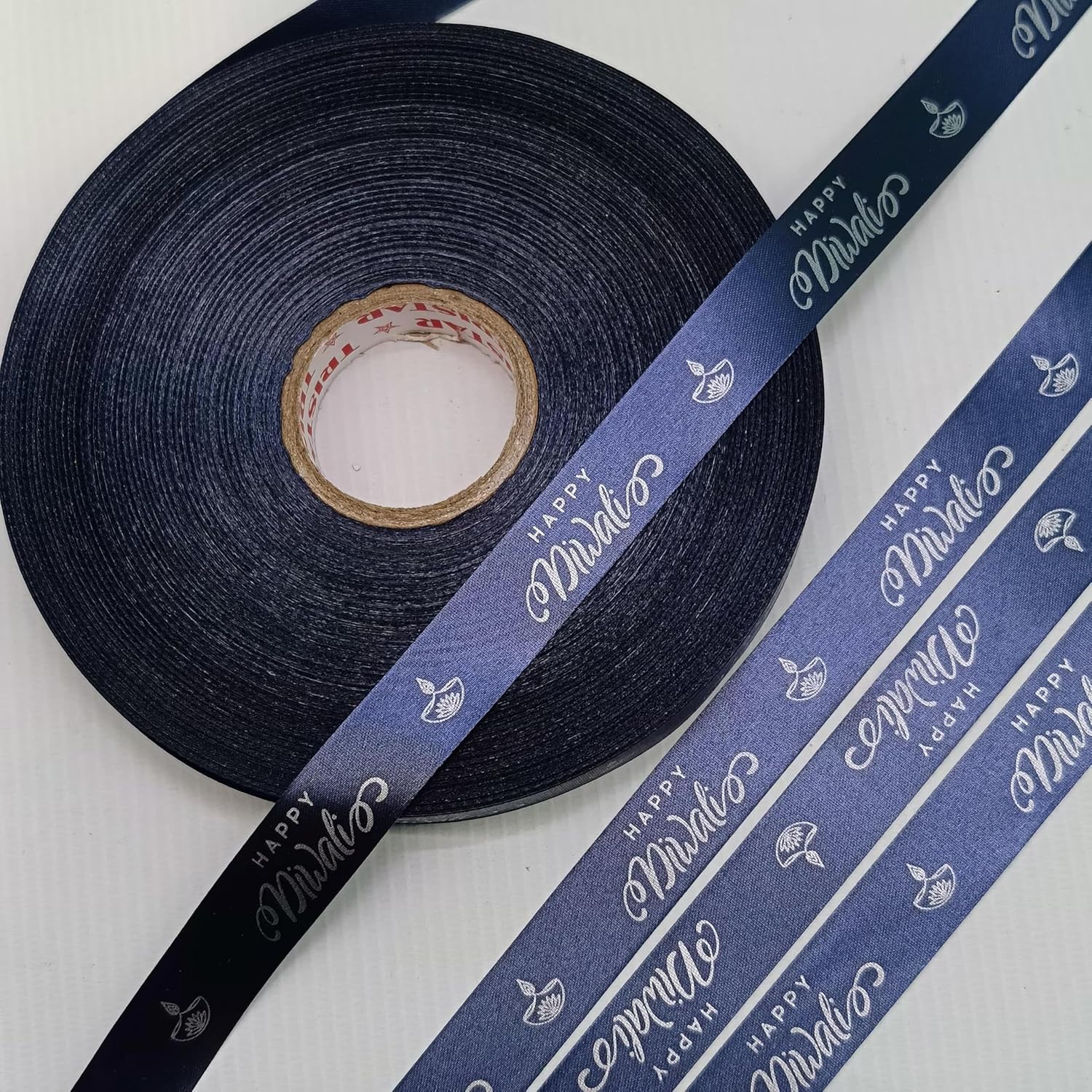 Happy Diwali Printed Navy Nirwana Decorative Satin Ribbon