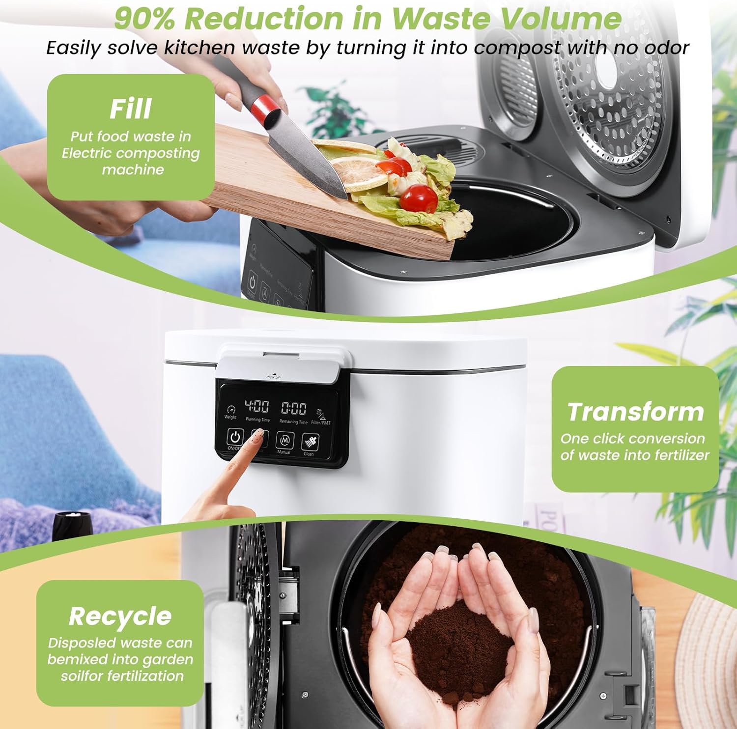Electric Kitchen Composter, 4L Large Capacity Smart Indoor Compost Bin with Timer Display, 2 Detachable Carbon Filter, Compost Machine Odorless for Countertop, Turn Waste into Natural Fertilizer
