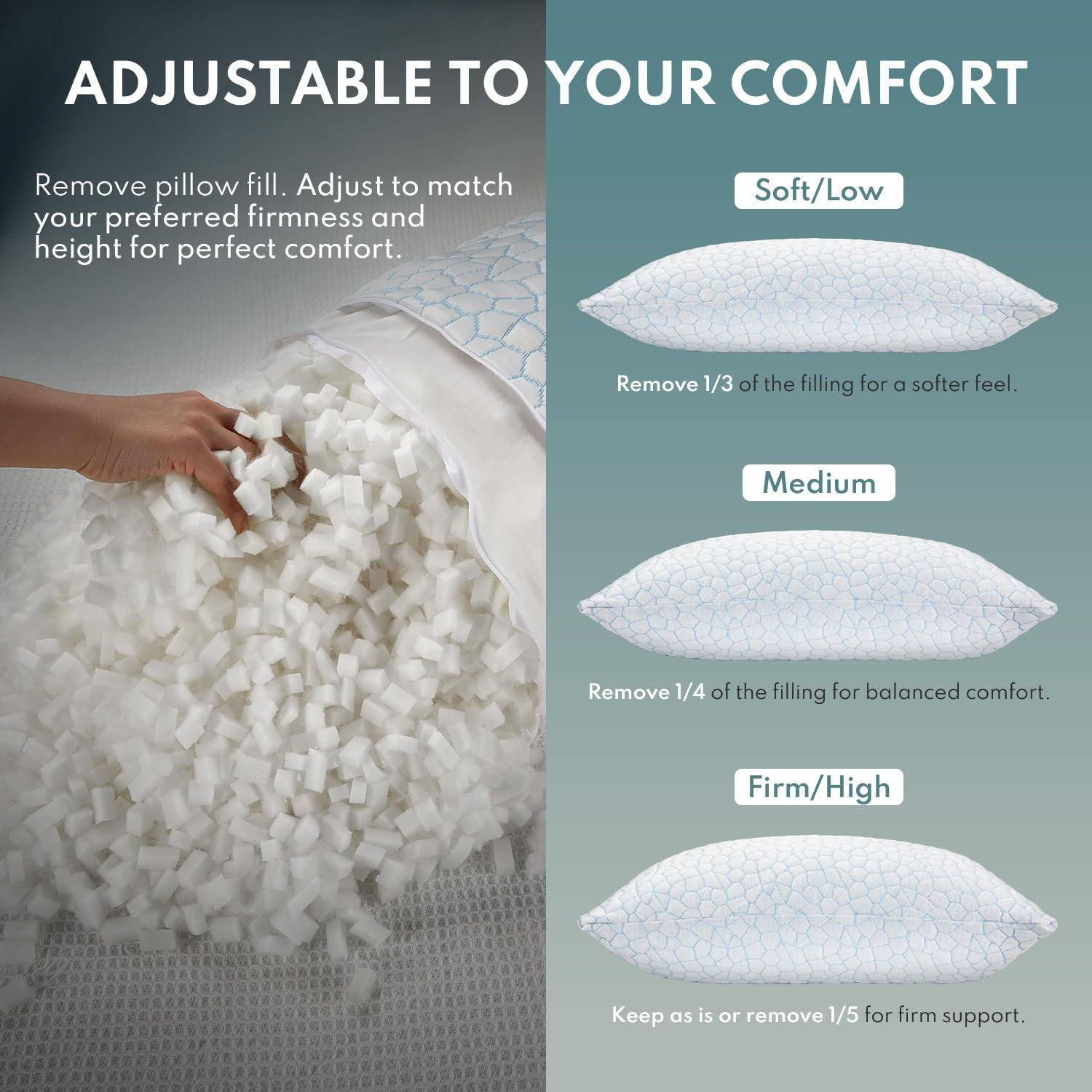 COZSINOOR Adjustable Pillows Queen Size Set of 2 for Sleeping - Cooling Shredded Memory Foam Pillows 2 Pack, Cool Bed Pillows for Back, Side and Stomach Sleepers, Gel Pillow Removable Cover Washable