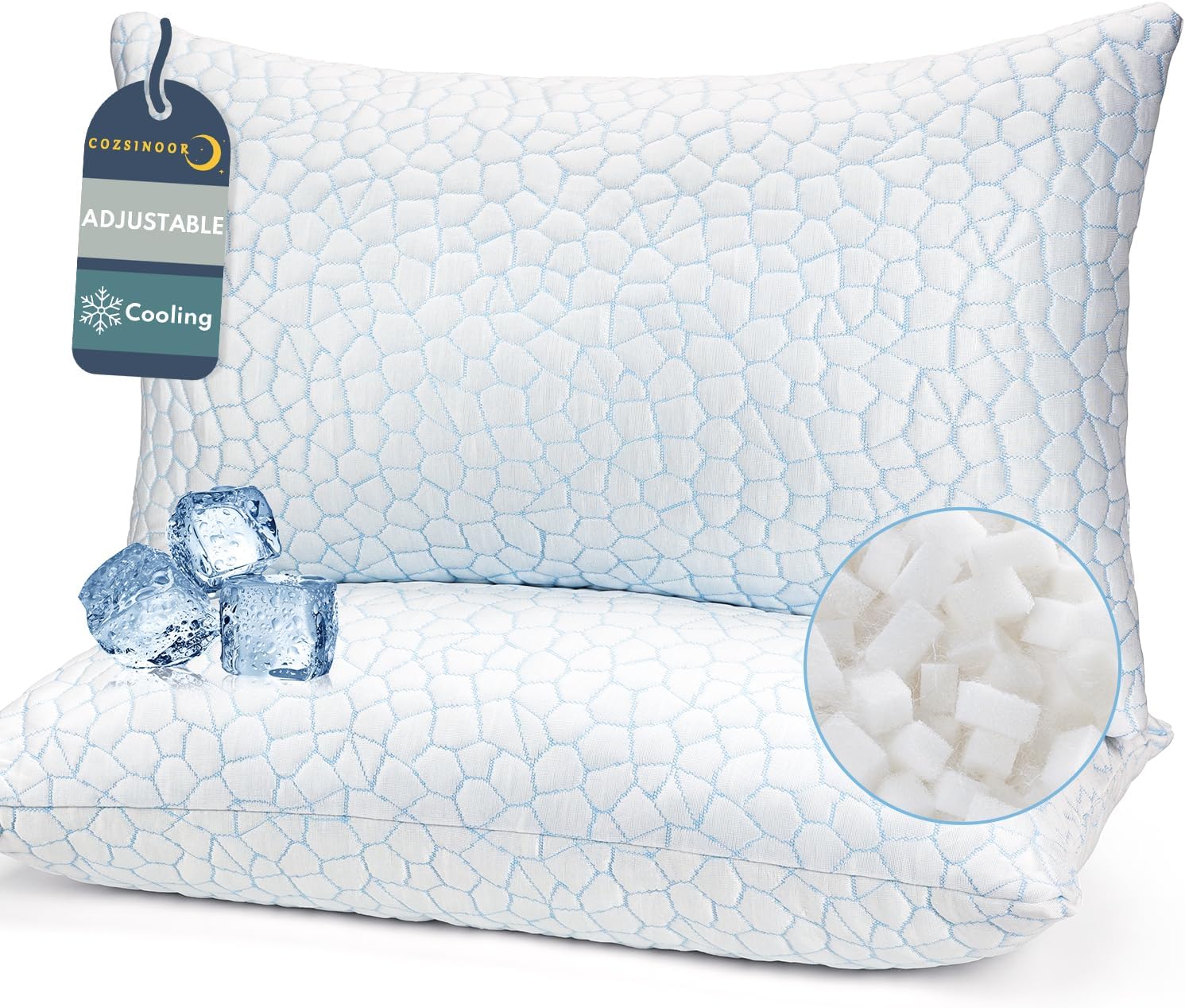 COZSINOOR Adjustable Pillows Queen Size Set of 2 for Sleeping - Cooling Shredded Memory Foam Pillows 2 Pack, Cool Bed Pillows for Back, Side and Stomach Sleepers, Gel Pillow Removable Cover Washable