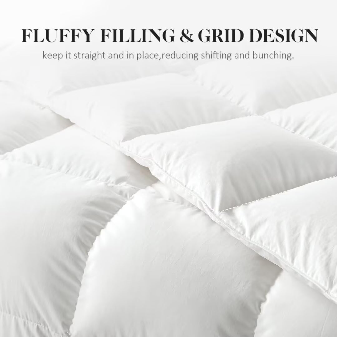 WhatsBedding White Queen Size Feather Down Fiber Comforter, Filled with Feather and Down Fiber, All Season Duvet Insert, Luxury Hotel Bedding Style Comforter,Ultra Soft 100% Cotton