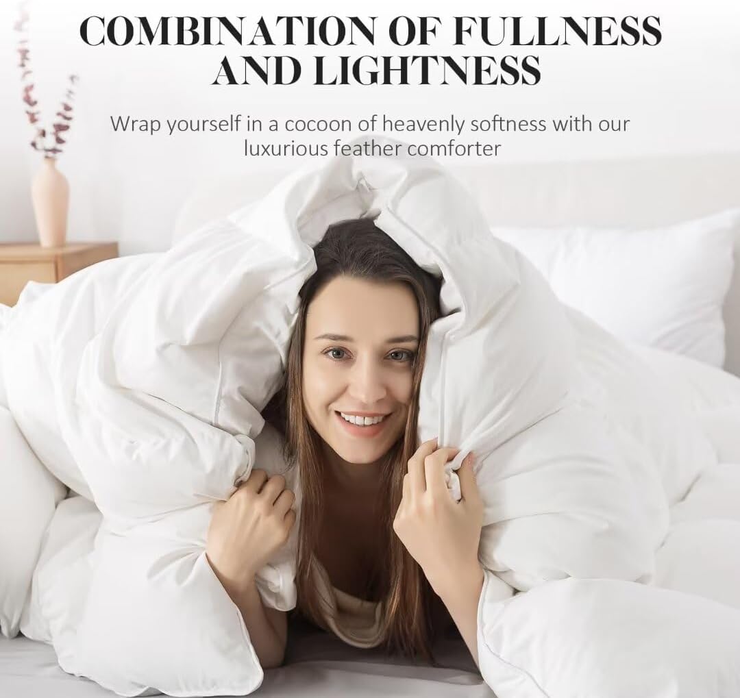 WhatsBedding White Queen Size Feather Down Fiber Comforter, Filled with Feather and Down Fiber, All Season Duvet Insert, Luxury Hotel Bedding Style Comforter,Ultra Soft 100% Cotton