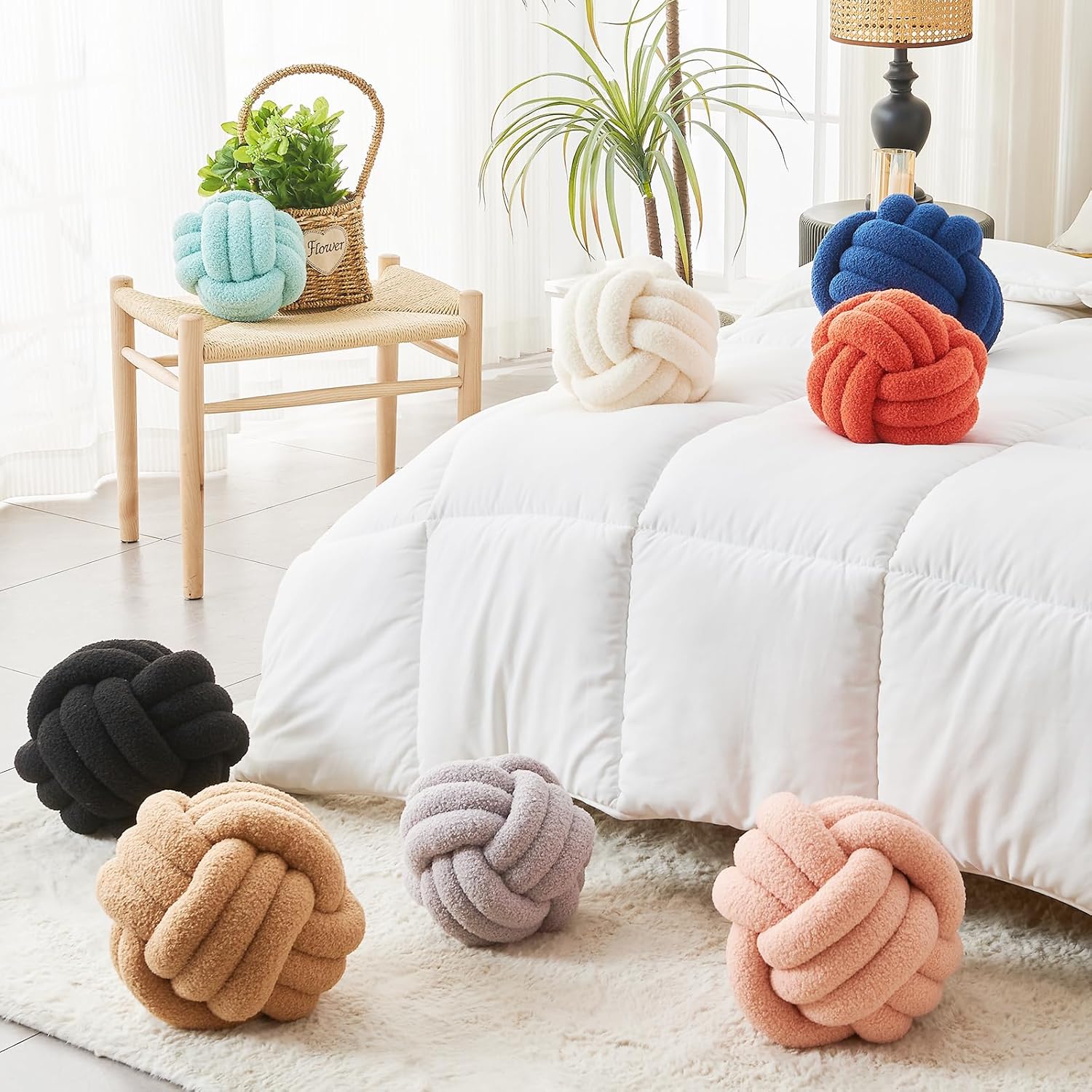 Decorative Throw Knot Pillow Ball for Home Chair Sofa Couch Bed Aesthetic Round Decor Pillows Lambswool Knotted Pillow Cushion (Ivory White, 13 inches)