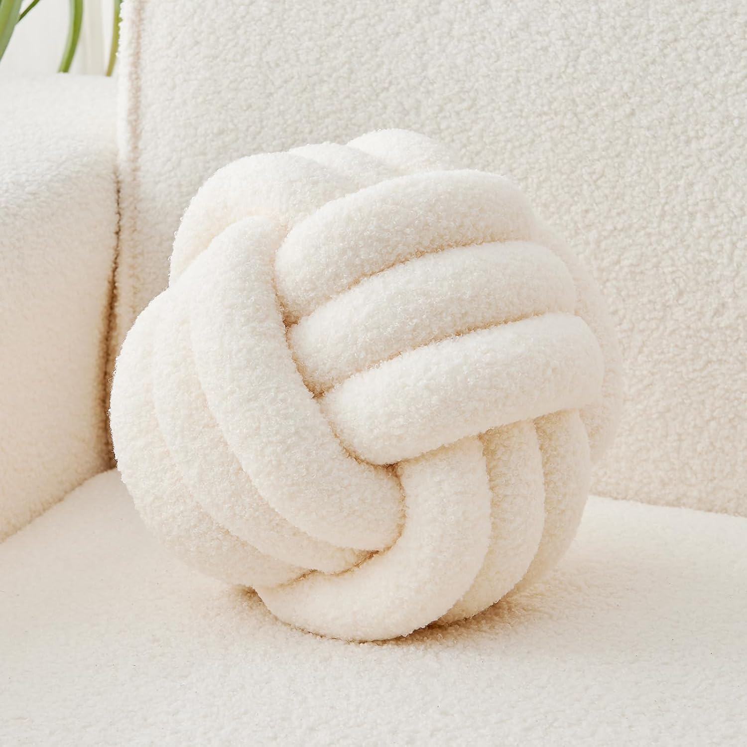 Decorative Throw Knot Pillow Ball for Home Chair Sofa Couch Bed Aesthetic Round Decor Pillows Lambswool Knotted Pillow Cushion (Ivory White, 13 inches)