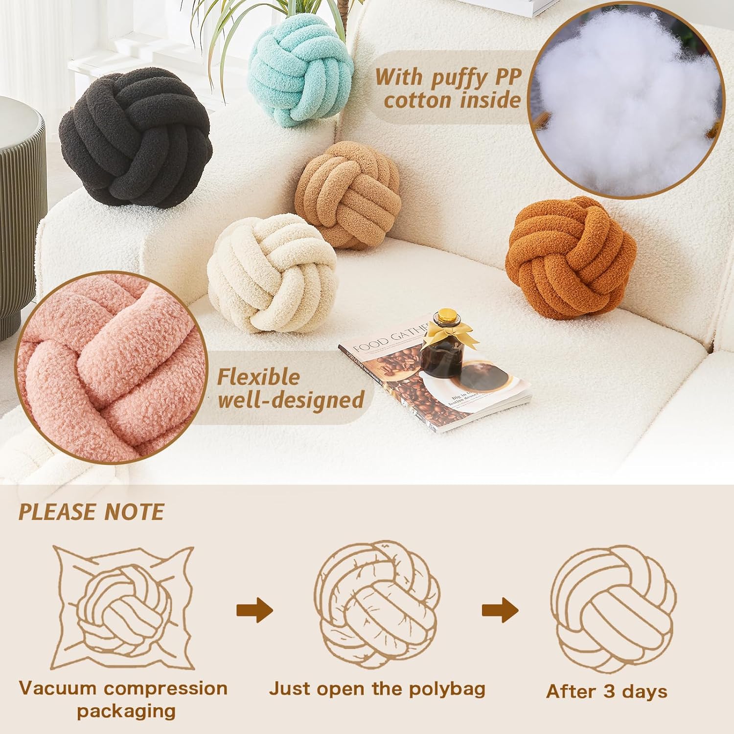 Decorative Throw Knot Pillow Ball for Home Chair Sofa Couch Bed Aesthetic Round Decor Pillows Lambswool Knotted Pillow Cushion (Ivory White, 13 inches)