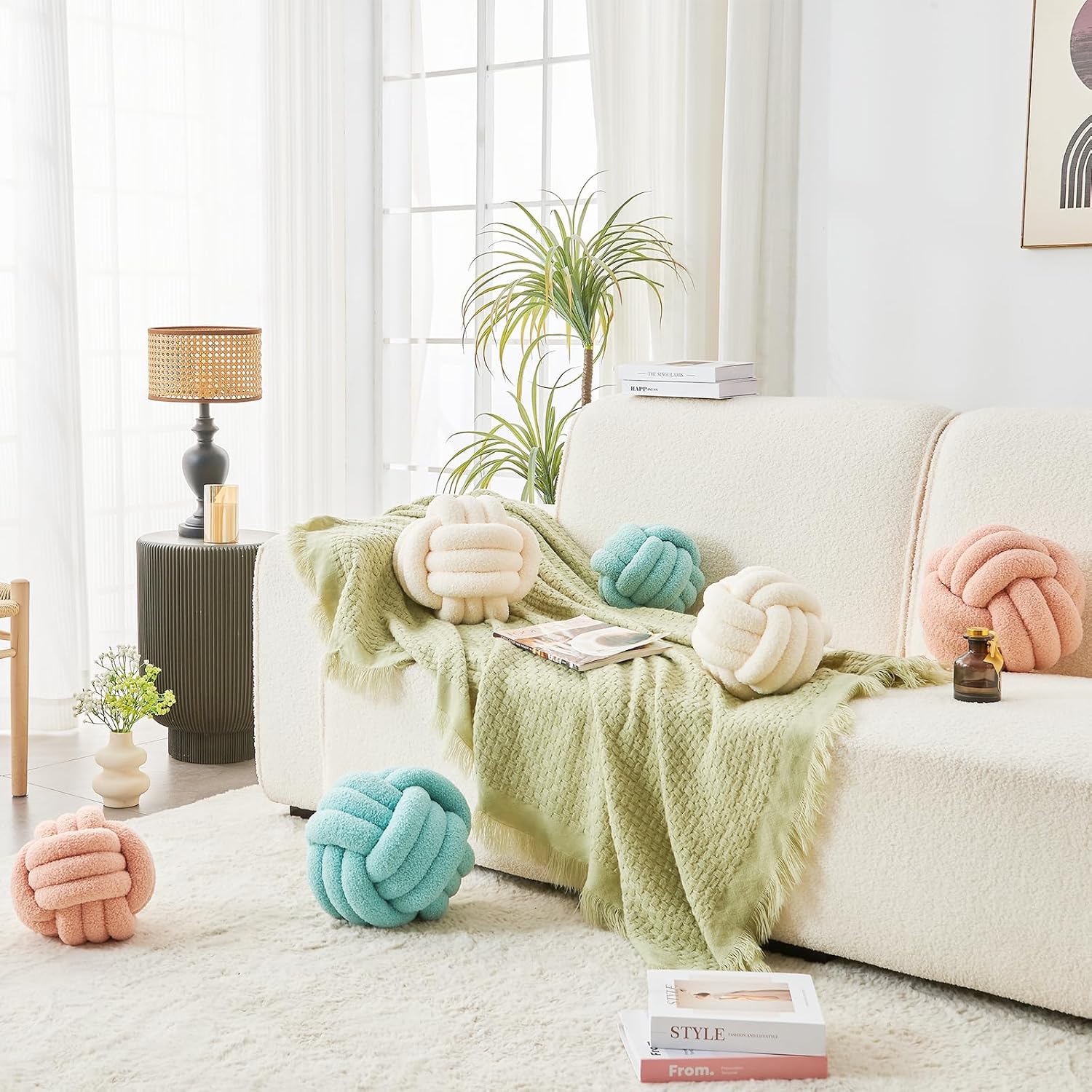 Decorative Throw Knot Pillow Ball for Home Chair Sofa Couch Bed Aesthetic Round Decor Pillows Lambswool Knotted Pillow Cushion (Ivory White, 13 inches)