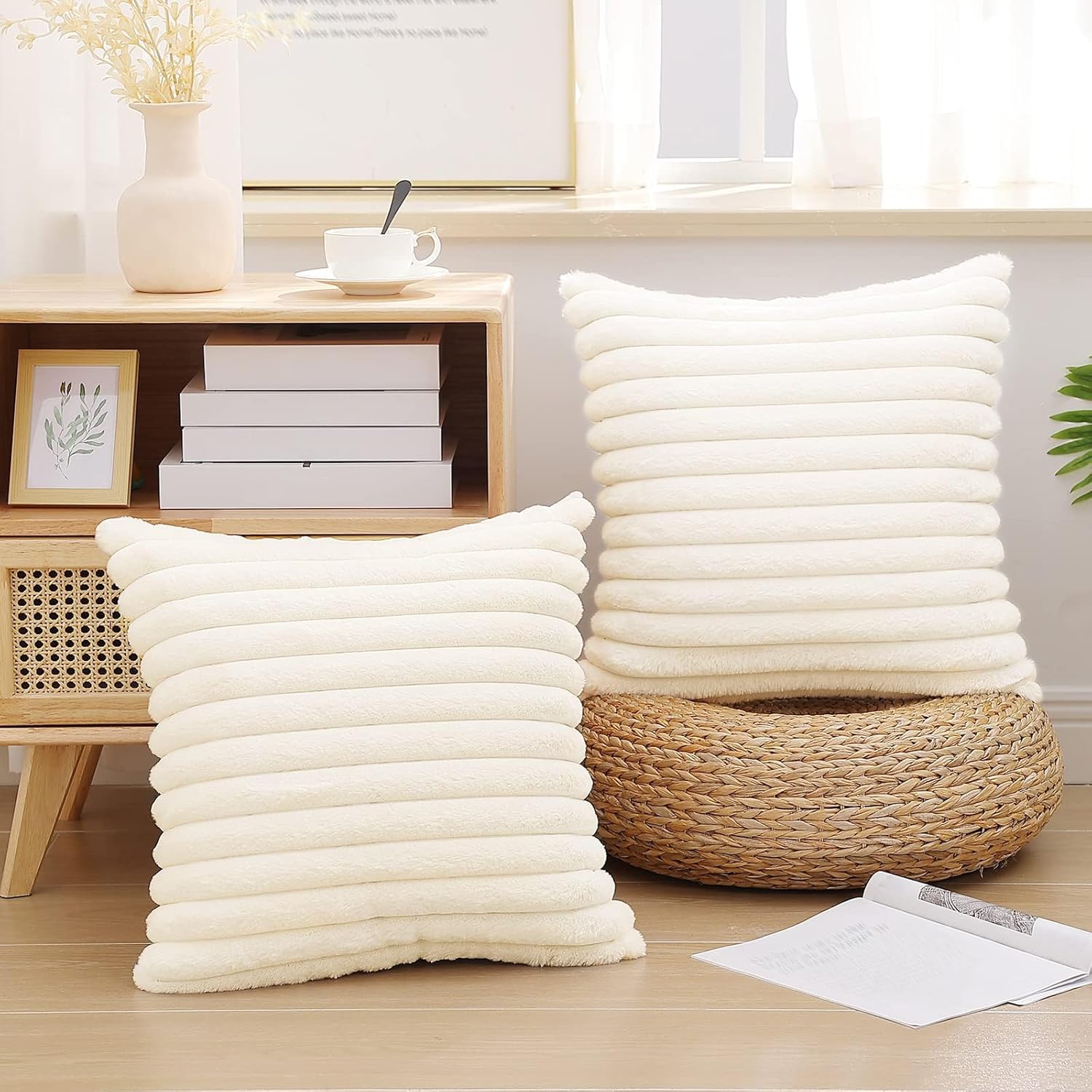 Pallene Faux Fur Plush Throw Pillow Covers 18x18 Set of 2, Luxury Soft Fluffy Striped Decorative Spring Pillow Covers for Sofa, Couch, Living Room, Cream White