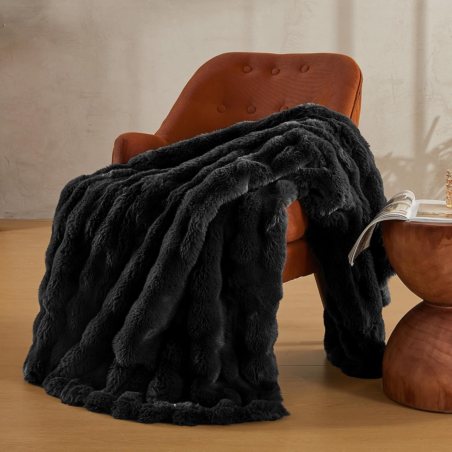 JELLYMONI Faux Fur Throw Blanket, Black Fuzzy Cozy Plush Bubble Bed Throw, Thick and Warm, 50" X 60"