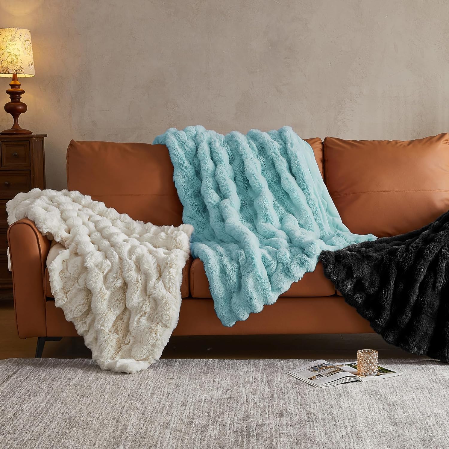 JELLYMONI Faux Fur Throw Blanket, Black Fuzzy Cozy Plush Bubble Bed Throw, Thick and Warm, 50" X 60"