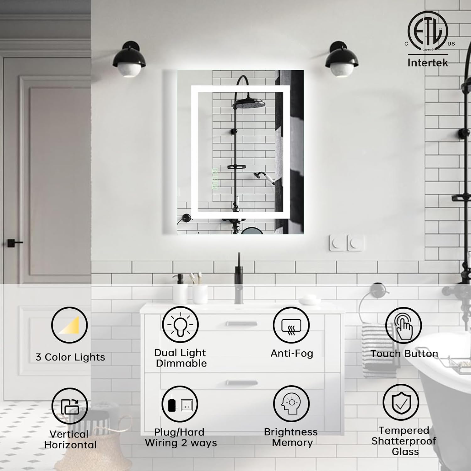 16x20 Inch LED Bathroom Mirror Frameless Vanity Mirror with Lights Backlit and Frontlit Dimmable Anti-Fog (Auto Off) Memory Makeup Wall Mirror for Bedroom Cloakroom Living Room