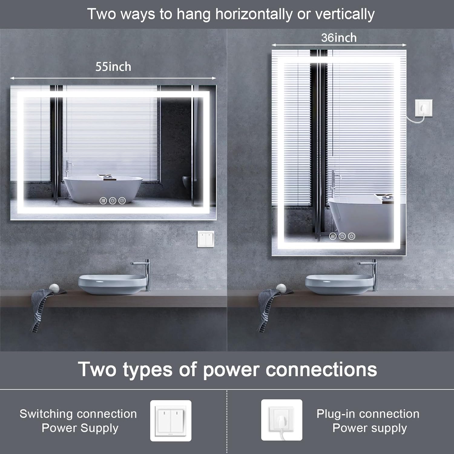 LED Bathroom Mirror with Lights 55"x36", Fogless, Dimmable, 3 Color Modes, Front and Backlit Controlled Separately, Smart Touch Sensor