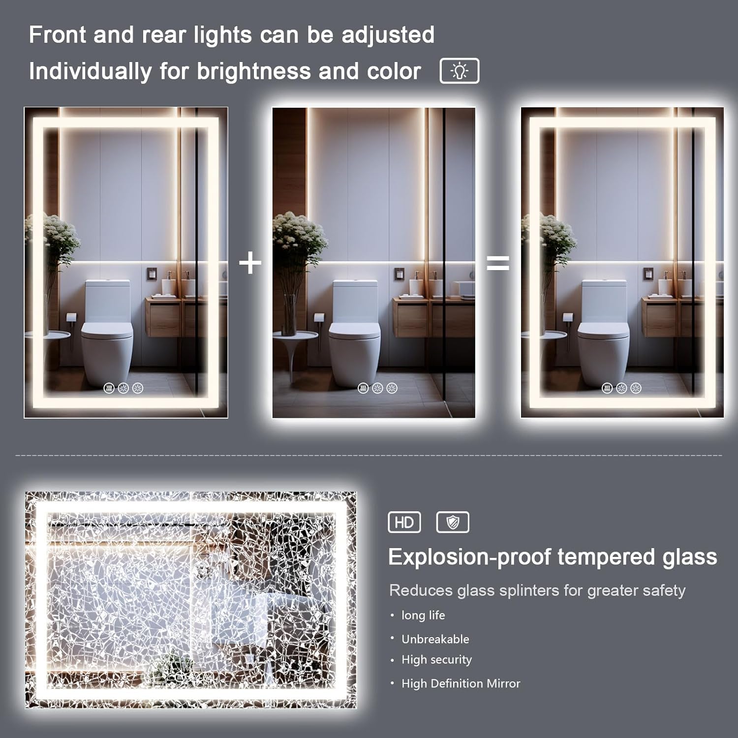 LED Bathroom Mirror with Lights 55"x36", Fogless, Dimmable, 3 Color Modes, Front and Backlit Controlled Separately, Smart Touch Sensor
