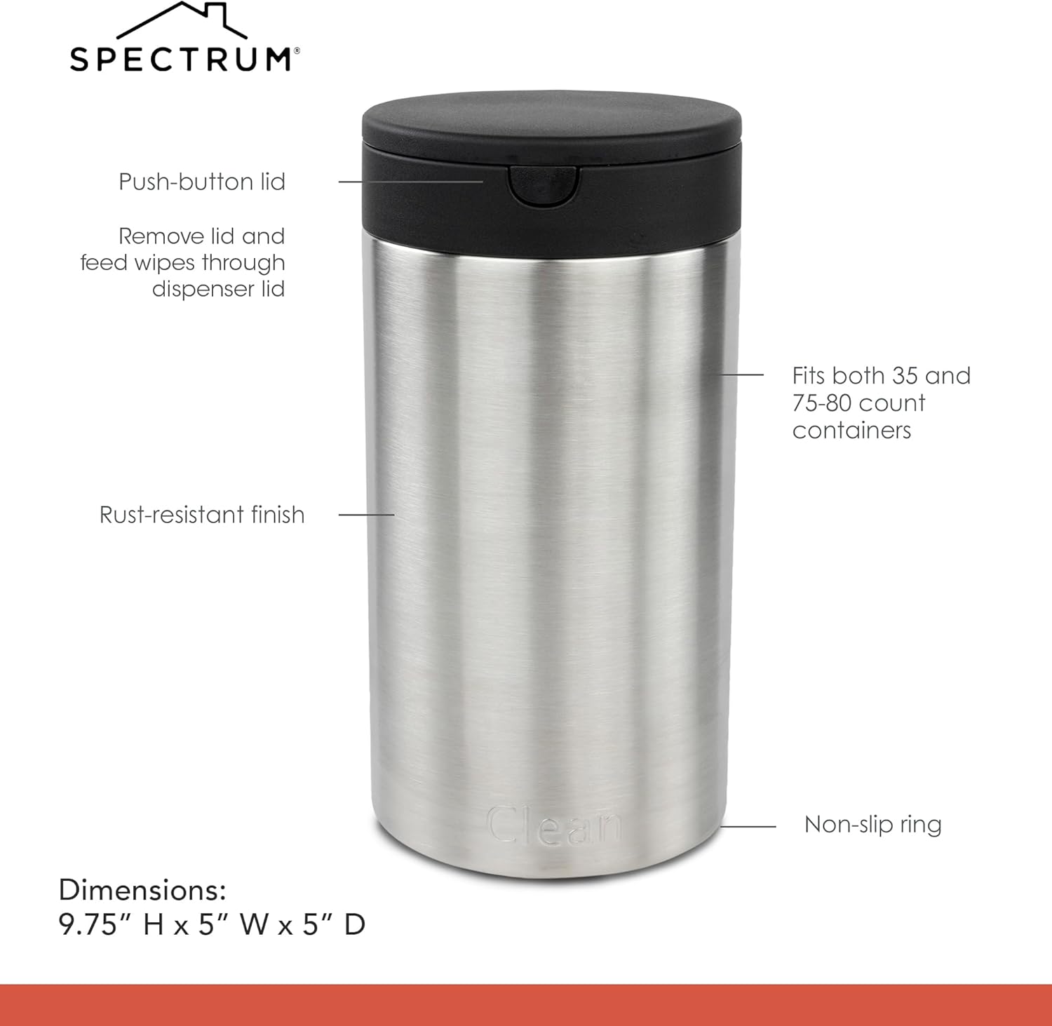 Spectrum Disinfecting Wipes Container with Push Button Lid - Refillable Dispenser for Bathroom, Kitchen, Classroom, Countertop, & Home - Stainless Steel & Rust-Resistant Disinfectant Wipes Holder