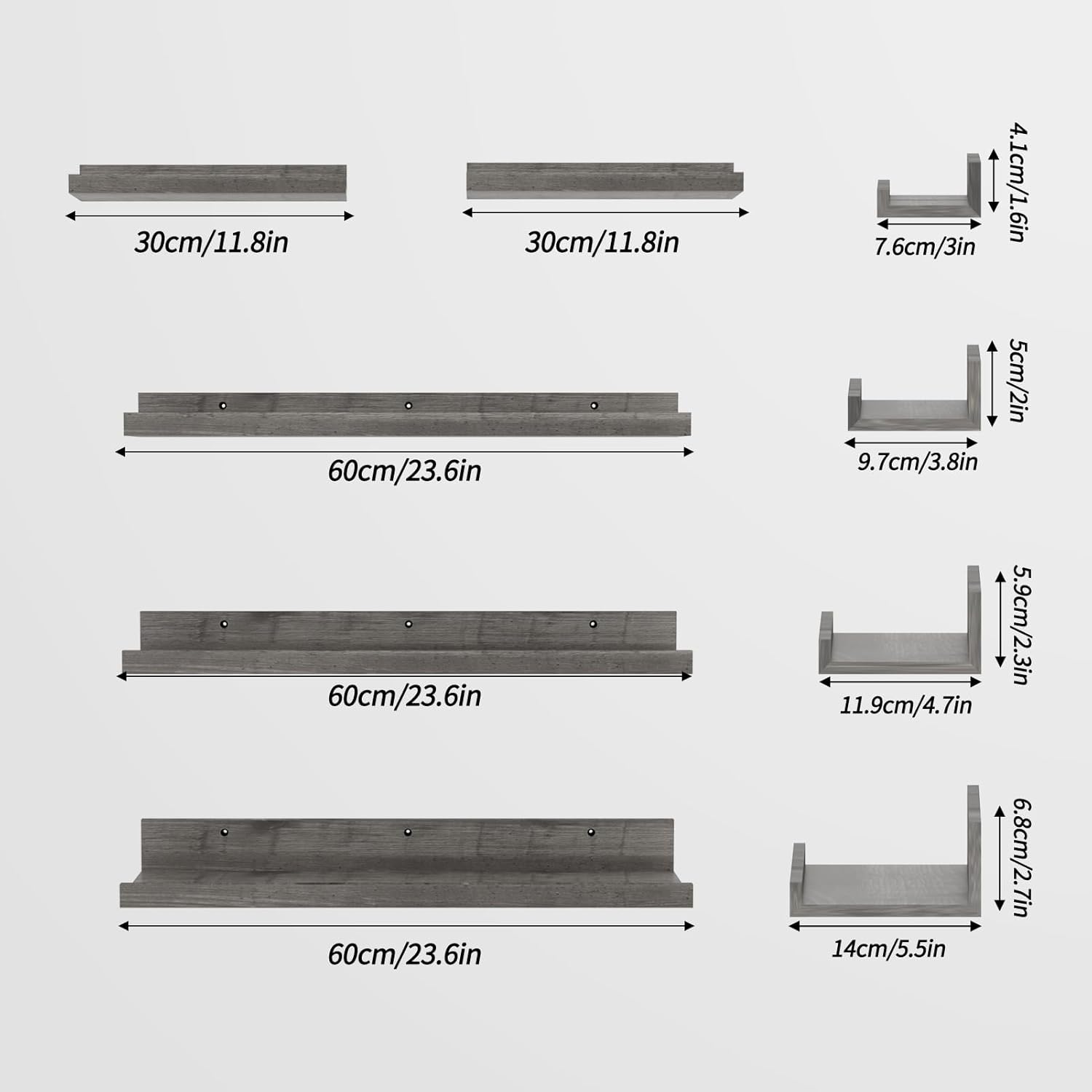 24 inch Floating Shelves for Wall Set of 5, Grey Wall Mounted Shelves with Lip for Bathroom, Bedroom, Kitchen, Office