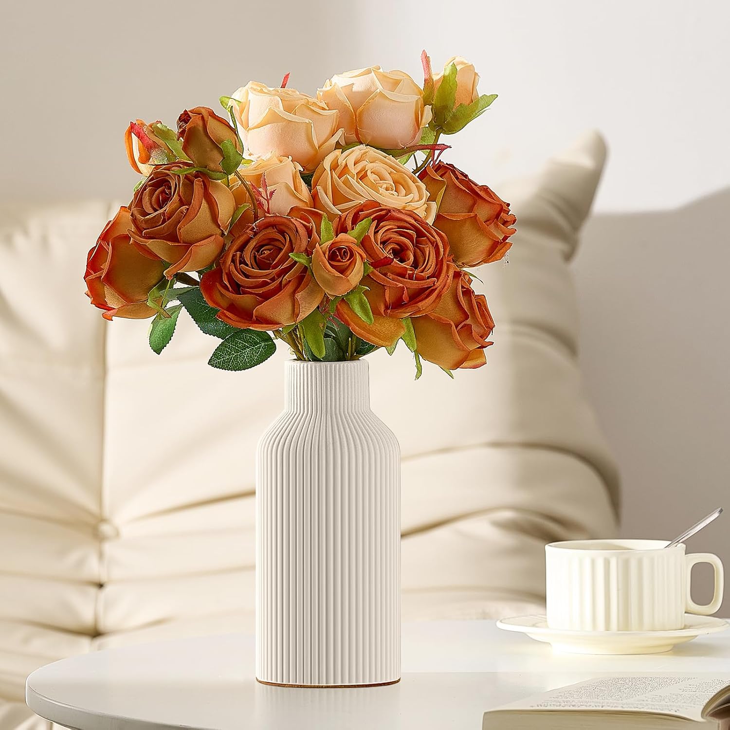 Mfacoy White Ceramic Flower Vase, Minimalist Decor, Modern Home Decorative Vase, Small Pampas Grass Vases For Kitchen, Bedroom, Office, Living Room, Bathroom, Shelf Centerpiece Table Decorations(8 in)