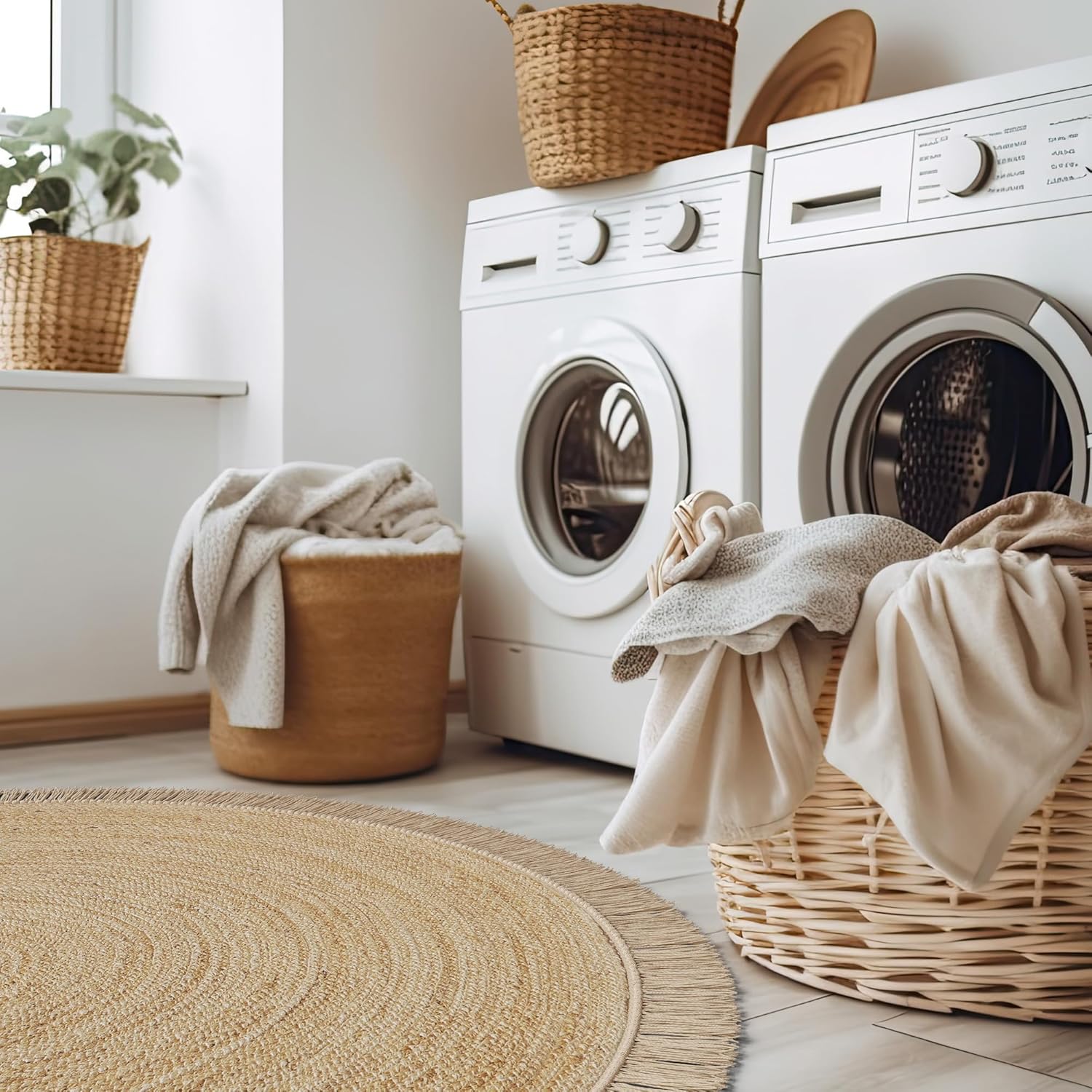 KIBAGA Beautiful Round Jute Area Rug for Your Home - This Natural 5x5 ft Hand Woven Rug Fits Perfectly Into Your Entry Area, Kitchen Or Living Room - Modern Braided Circle Mat Enhances Any Boho Decor