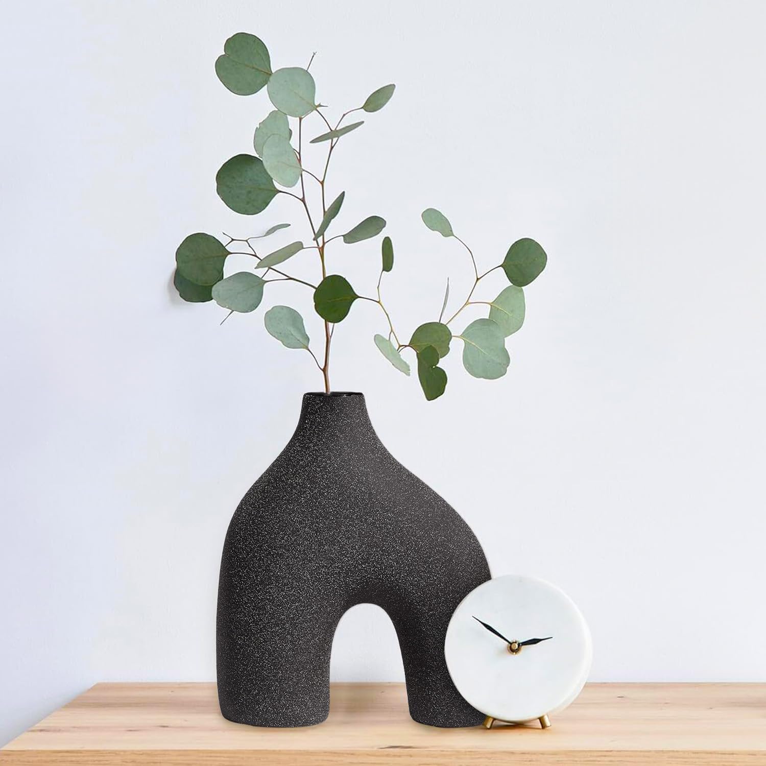 Modern Round U-Shaped Vase - 8"x3.35"x9.3" Stoneware Sand Graze Hollow Flower Vases for Home Decor - Cute Vases for Centerpieces, Living Room, Office & Entryway Display (Black)