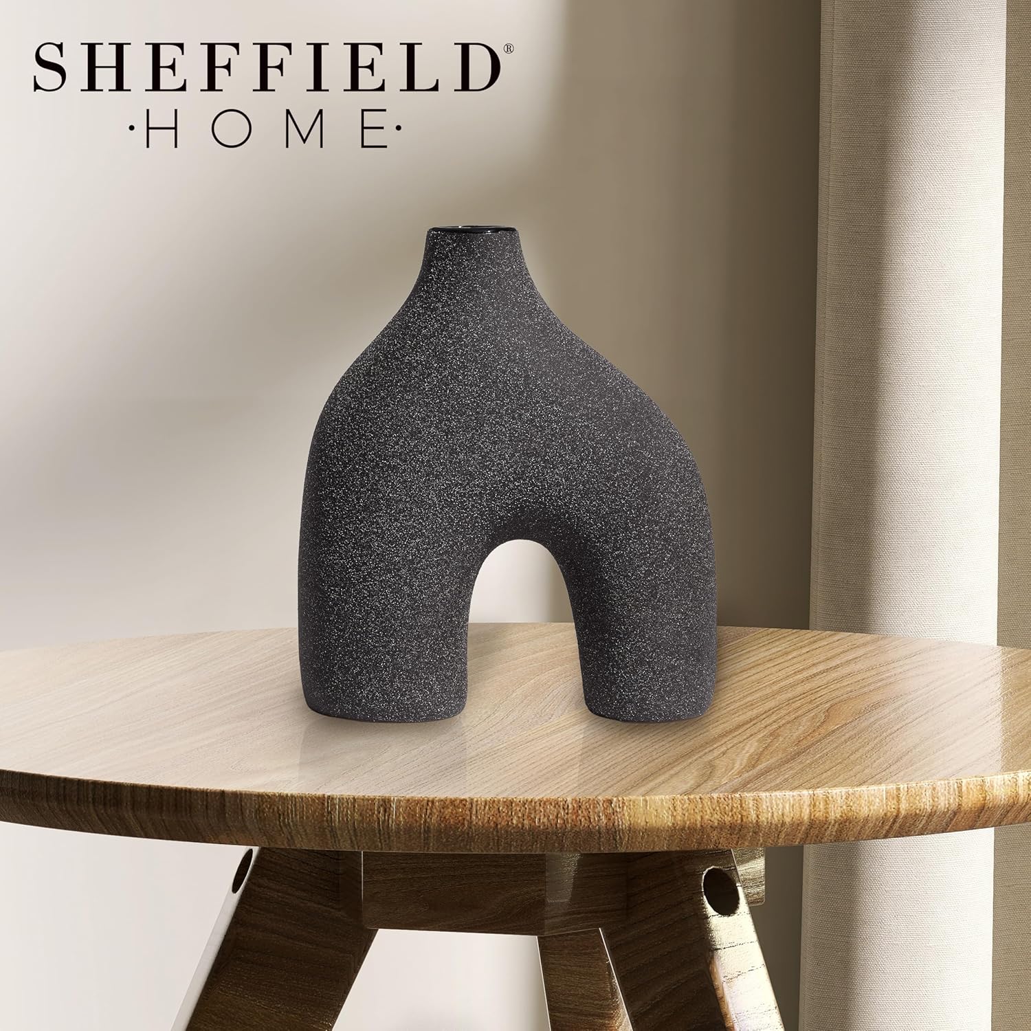Modern Round U-Shaped Vase - 8"x3.35"x9.3" Stoneware Sand Graze Hollow Flower Vases for Home Decor - Cute Vases for Centerpieces, Living Room, Office & Entryway Display (Black)
