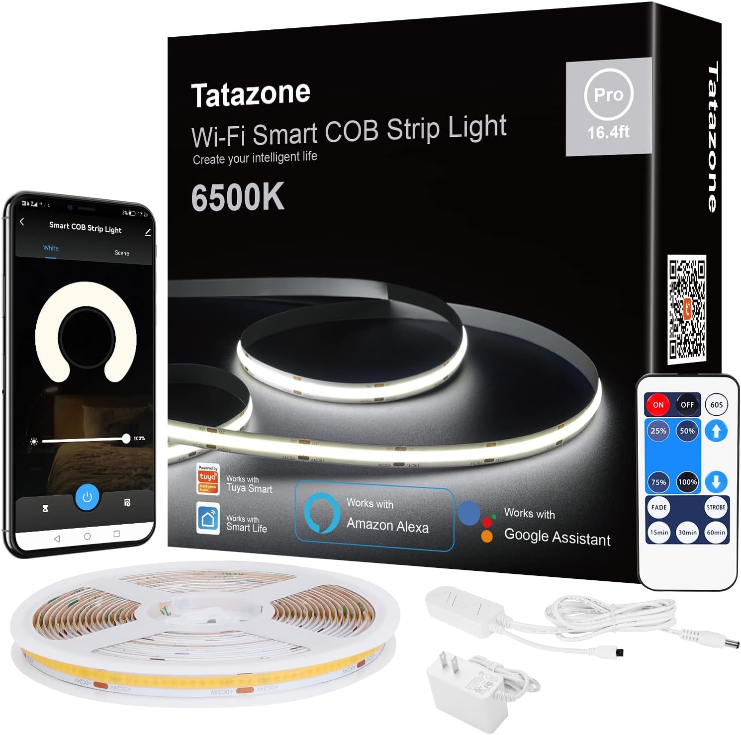 16.4ft 6500K WiFi COB Led Strip Light with App and Remote, Compatible with Alexa and Google, Dimmable Cool White Indoor COB Led Lights for Stair, Kitchen, Cabinet