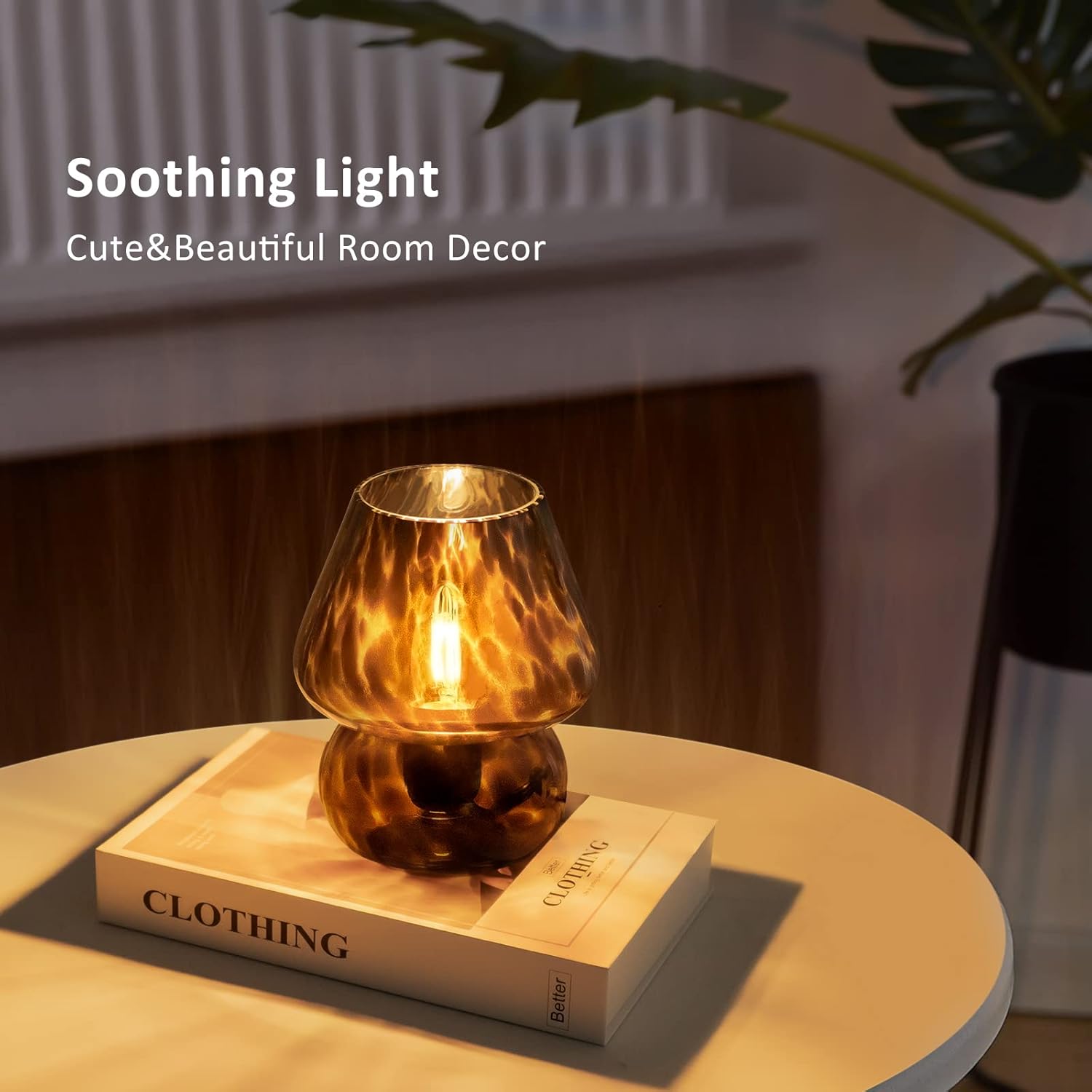 ONEWISH Mushroom Lamp Small Vintage Table Lamp for Bedroom Nightstand, Bedside Lamp Translucent Glass Stepless Dimmable, Murano Aesthetic Home Decor for Living Room Kitchen(Black)