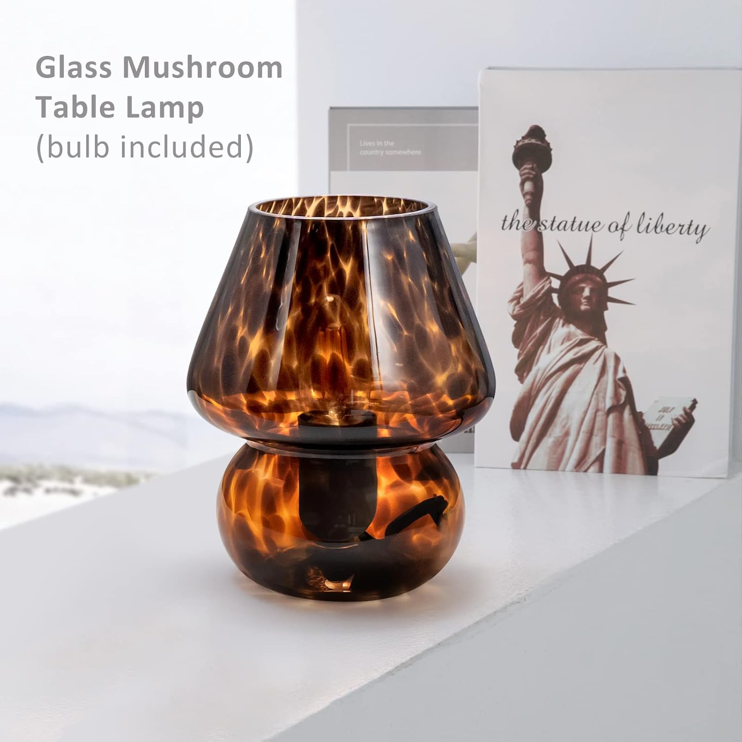 ONEWISH Mushroom Lamp Small Vintage Table Lamp for Bedroom Nightstand, Bedside Lamp Translucent Glass Stepless Dimmable, Murano Aesthetic Home Decor for Living Room Kitchen(Black)