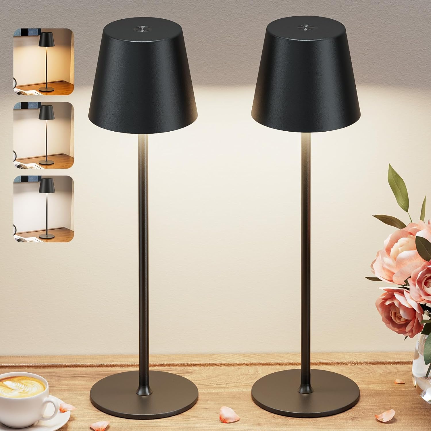 Cordless Table Lamp Rechargeable Black - KK 2 Pack 5000mAH Battery Operated Lamp for Counter, 3 Color Stepless Dimming Waterproof LED Wireless Lamp for Dining Kitchen, Outdoor Patio, Touch Control