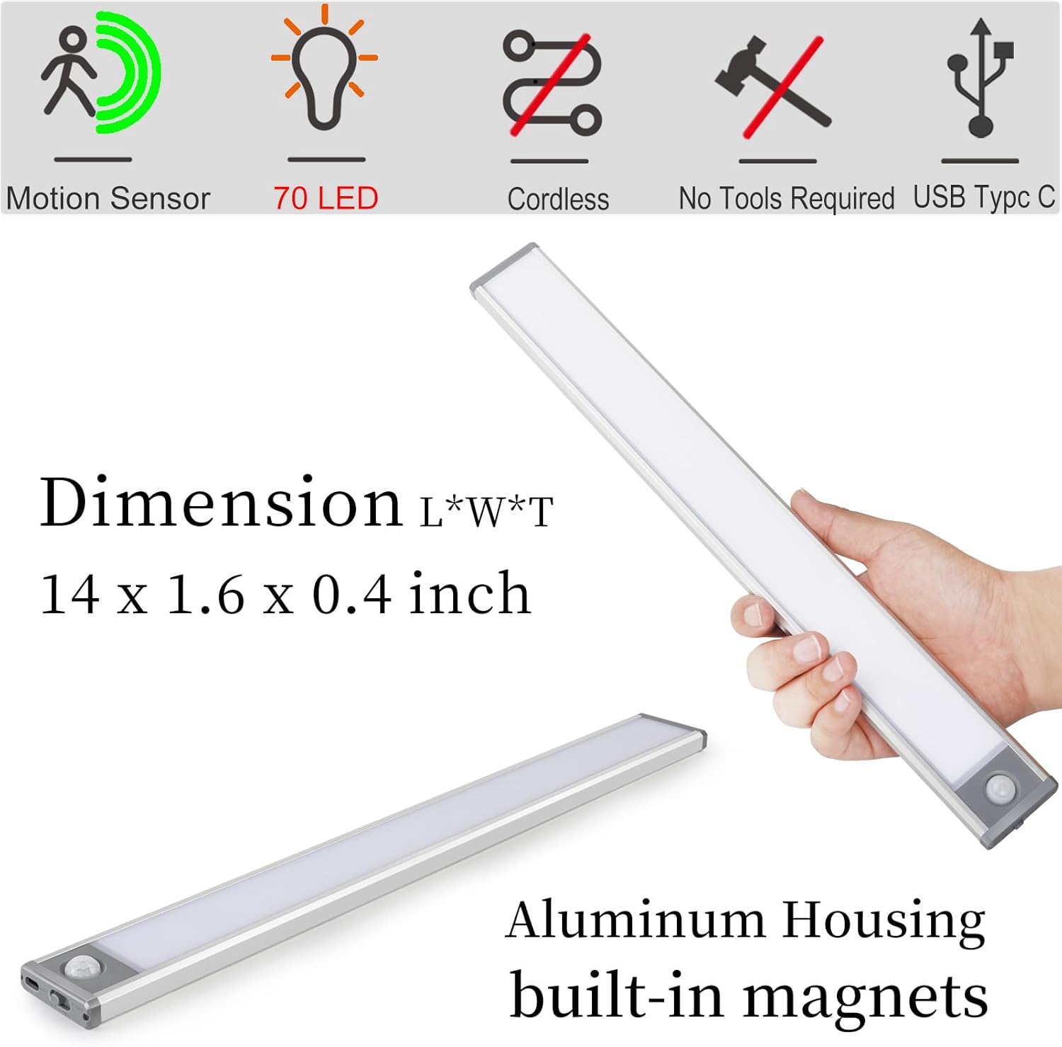 Bright 70LED Rechargeable Closet Lights Motion Sensor Night Light Cordless for Kitchen Counter, Pantry, Under Cabinet. 6000k Cool White Lighting. Built-in Long Lasting 2000mAh Battery Powered