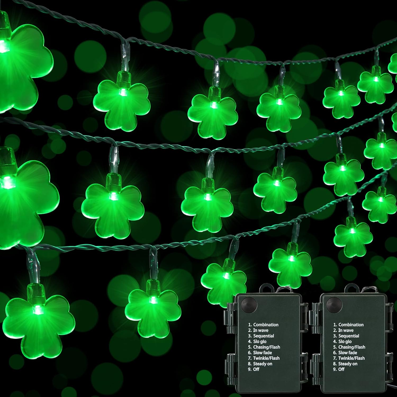 ODEETRONIC 2 Sets Shamrock String Lights, Total 32.8ft 100 LED Green St Patricks Day Lights with Timer, 8 Modes Battery Green Wire String Lights for St.Patrick's Day Party Home Indoor Outdoor Decor