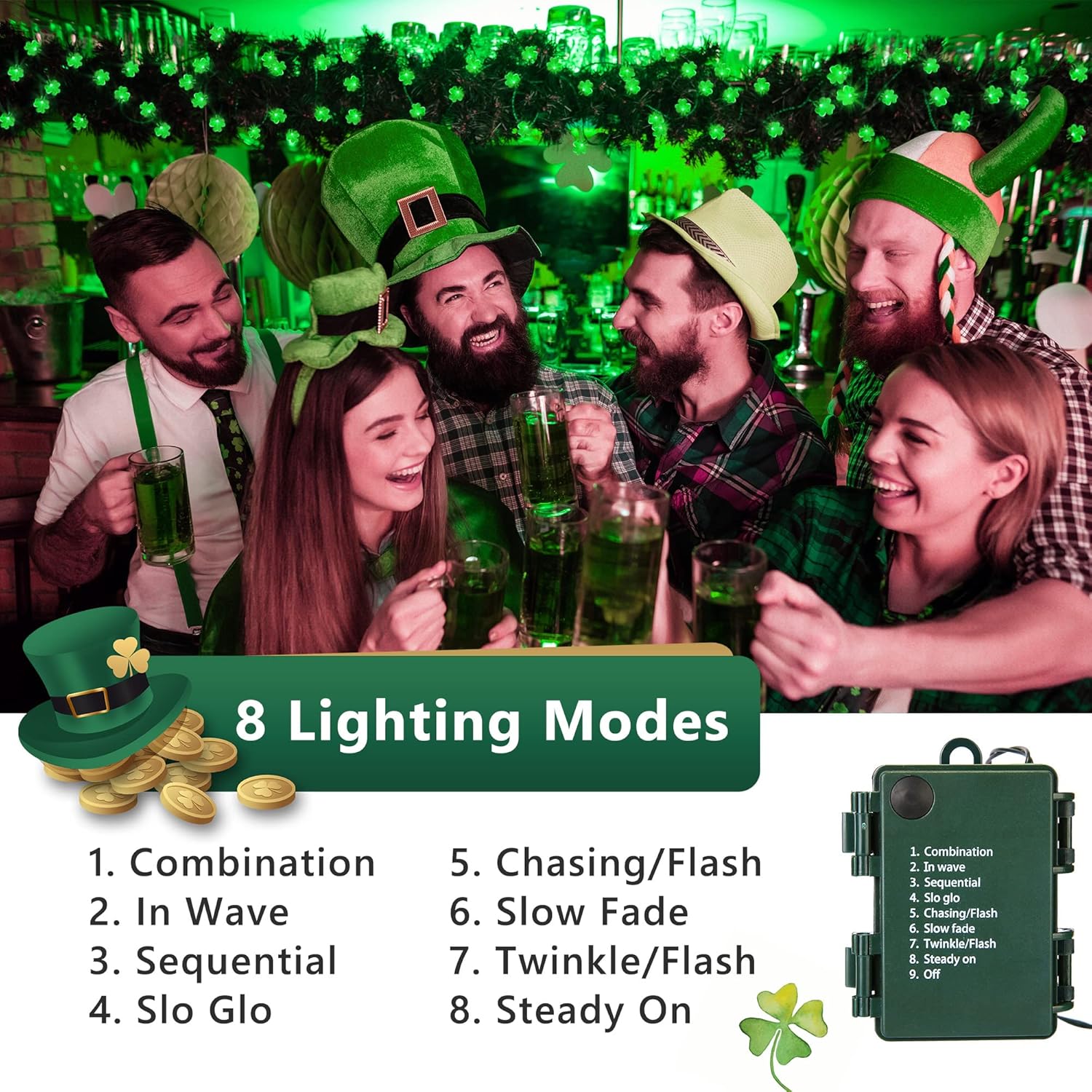 ODEETRONIC 2 Sets Shamrock String Lights, Total 32.8ft 100 LED Green St Patricks Day Lights with Timer, 8 Modes Battery Green Wire String Lights for St.Patrick's Day Party Home Indoor Outdoor Decor