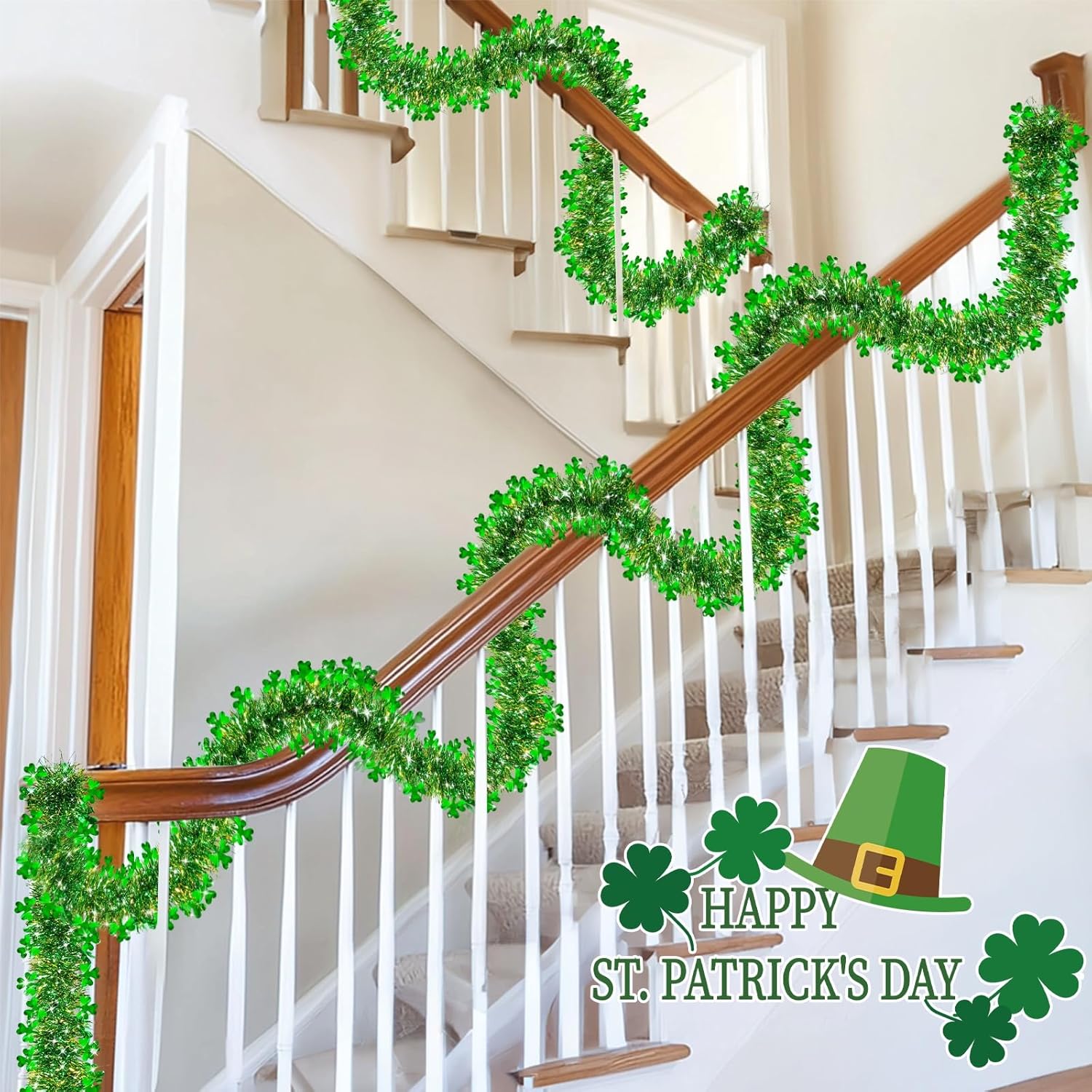 TURNMEON 33 Ft St. Patrick's Day Tinsel Garland Decorations Green Gold Shamrock Garland Clover Metallic Streamer Hanging St Patricks Day Decorations for Home Indoor Outdoor Irish Party Supplies