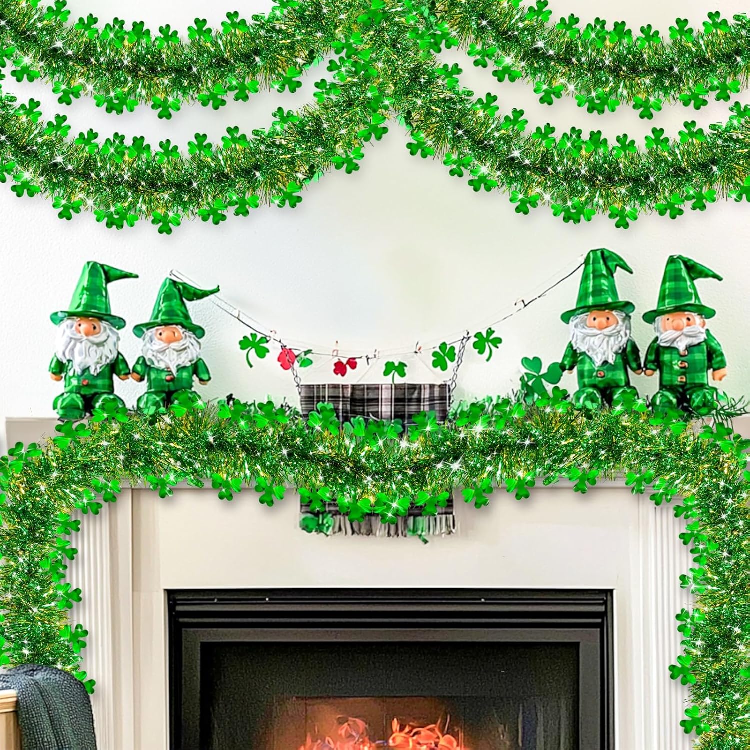 TURNMEON 33 Ft St. Patrick's Day Tinsel Garland Decorations Green Gold Shamrock Garland Clover Metallic Streamer Hanging St Patricks Day Decorations for Home Indoor Outdoor Irish Party Supplies