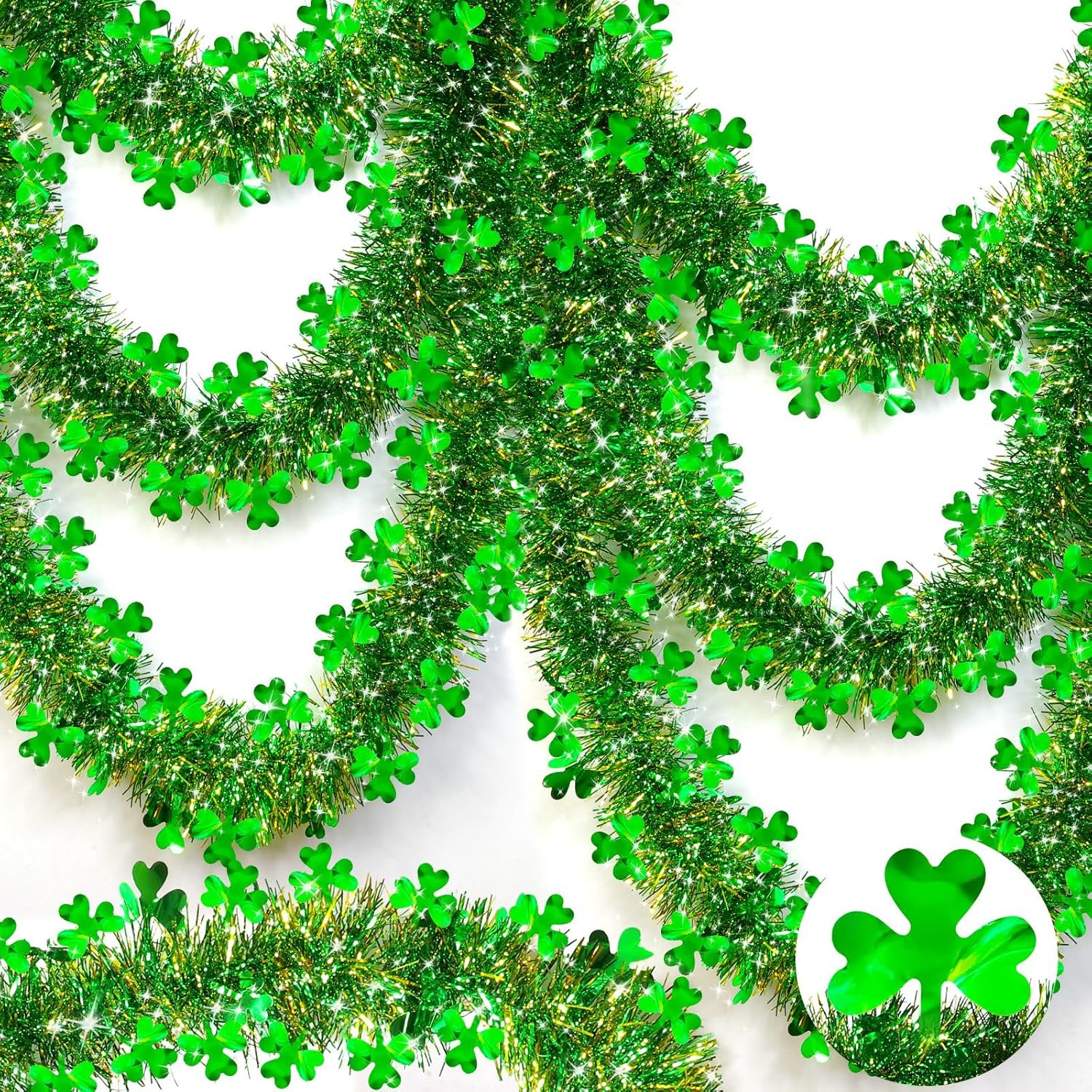 TURNMEON 33 Ft St. Patrick's Day Tinsel Garland Decorations Green Gold Shamrock Garland Clover Metallic Streamer Hanging St Patricks Day Decorations for Home Indoor Outdoor Irish Party Supplies
