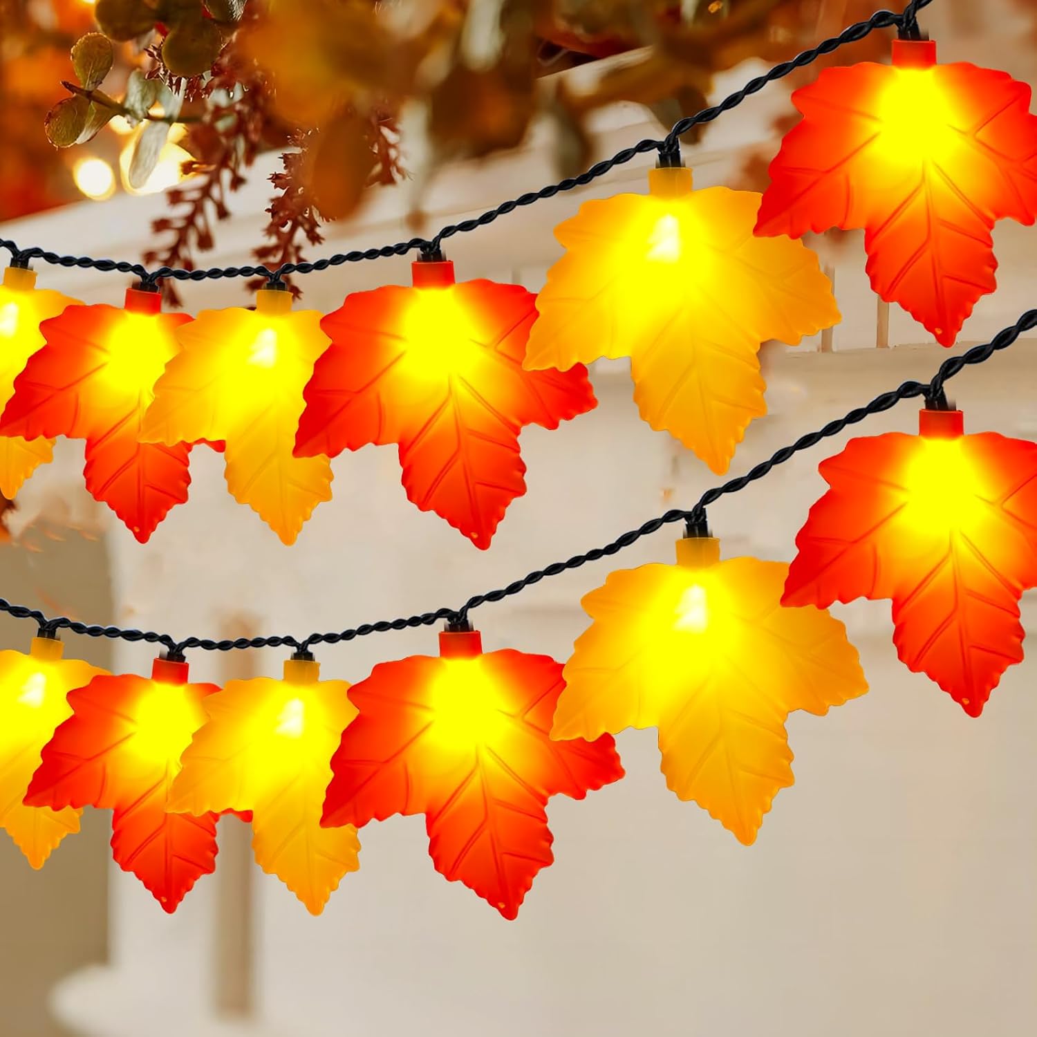 Fall Decor Maple Leaf LED Lights,8.5Ft Maple Leaf Lights 10 3D Orange Yellow Maple Leaf Fall Lights for Home Kitchen Bedroom Table Mantel Thanksgiving Harvest Fall Decorations