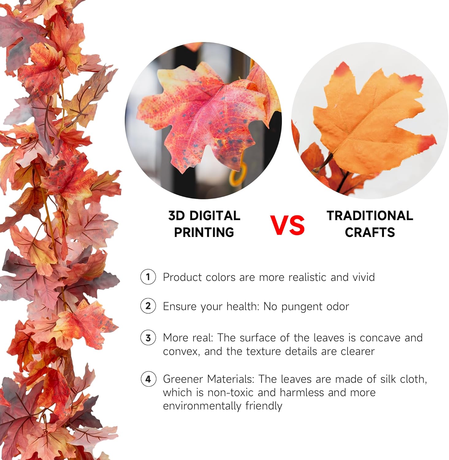2 Pack Fall Garland 5.7ft/Piece 3D Artificial Fall Maple Leaves Garland Fall Decorations for Home Fall Leaf Garland for Mantle Autumn Garland for Thanksgiving Fireplace Table Party Porch Decor
