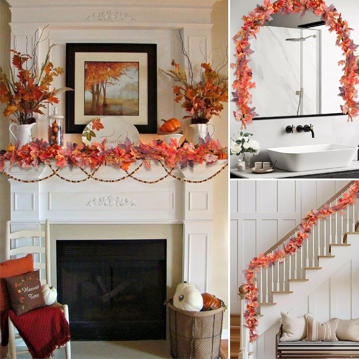 2 Pack Fall Garland 5.7ft/Piece 3D Artificial Fall Maple Leaves Garland Fall Decorations for Home Fall Leaf Garland for Mantle Autumn Garland for Thanksgiving Fireplace Table Party Porch Decor