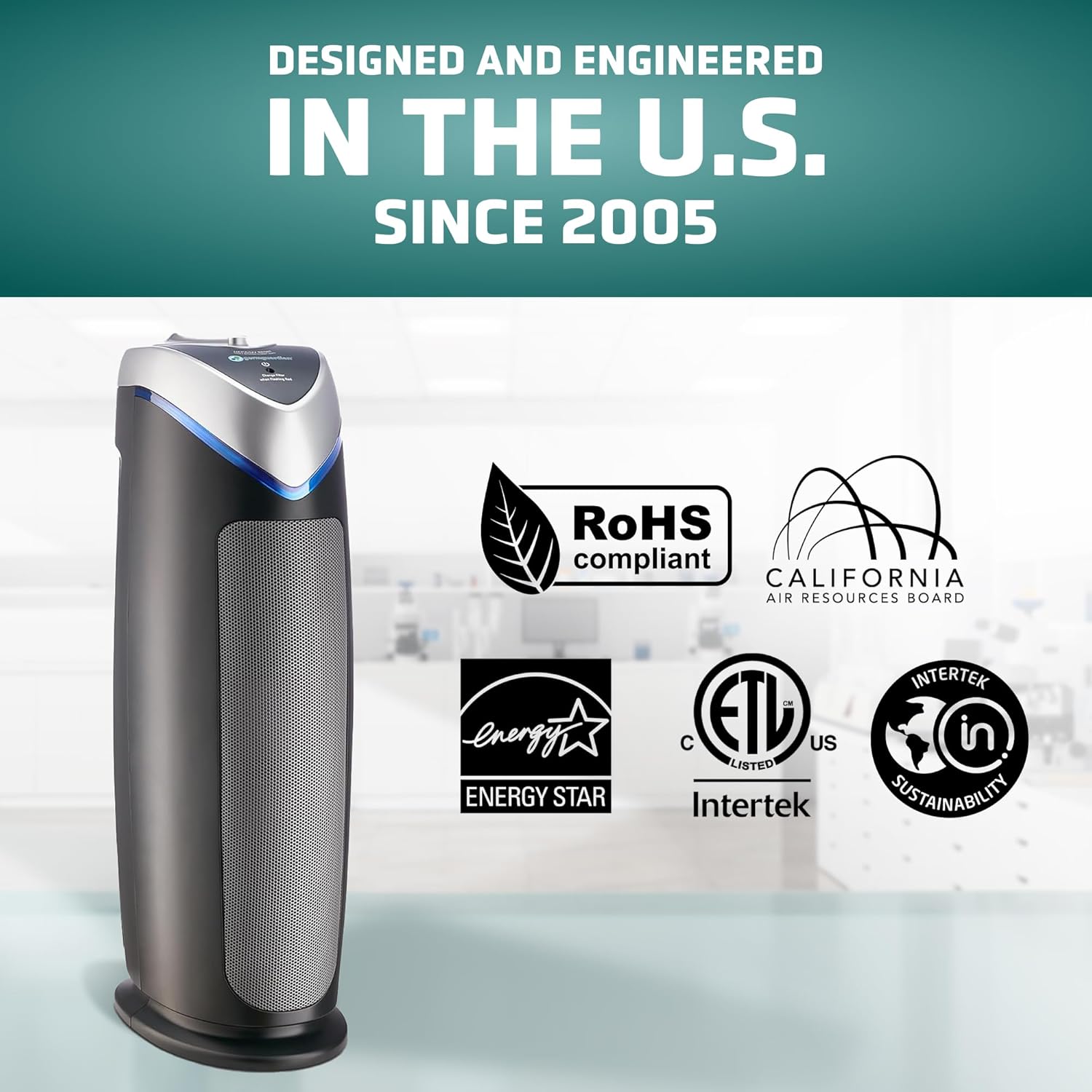 GermGuardian Air Purifier for Home with HEPA Pure Filter, for Wildfire Smoke, Pet Dander, Pollen, Odors, Large Rooms Up To 743 Sq. Ft., Removes 99.97% Pollutants, UV-C Light, 22", AC4825E, Gray