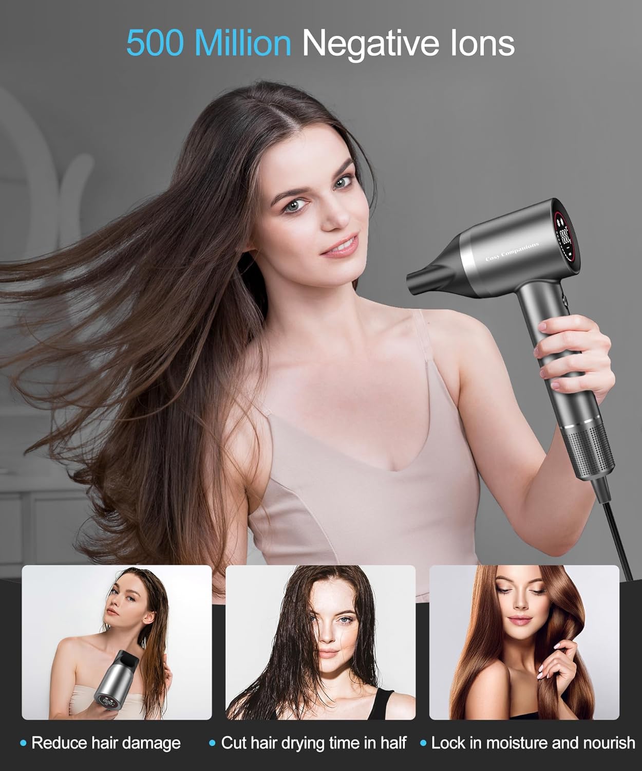 Hair Dryer - Negative Ionic Blow Dryer with 170000 RPM High Speed Brushless Motor for Fast Drying, Low Noise, HD Display Hair Dryer with Diffuser and Nozzle, 5 Temps & 2 Speeds