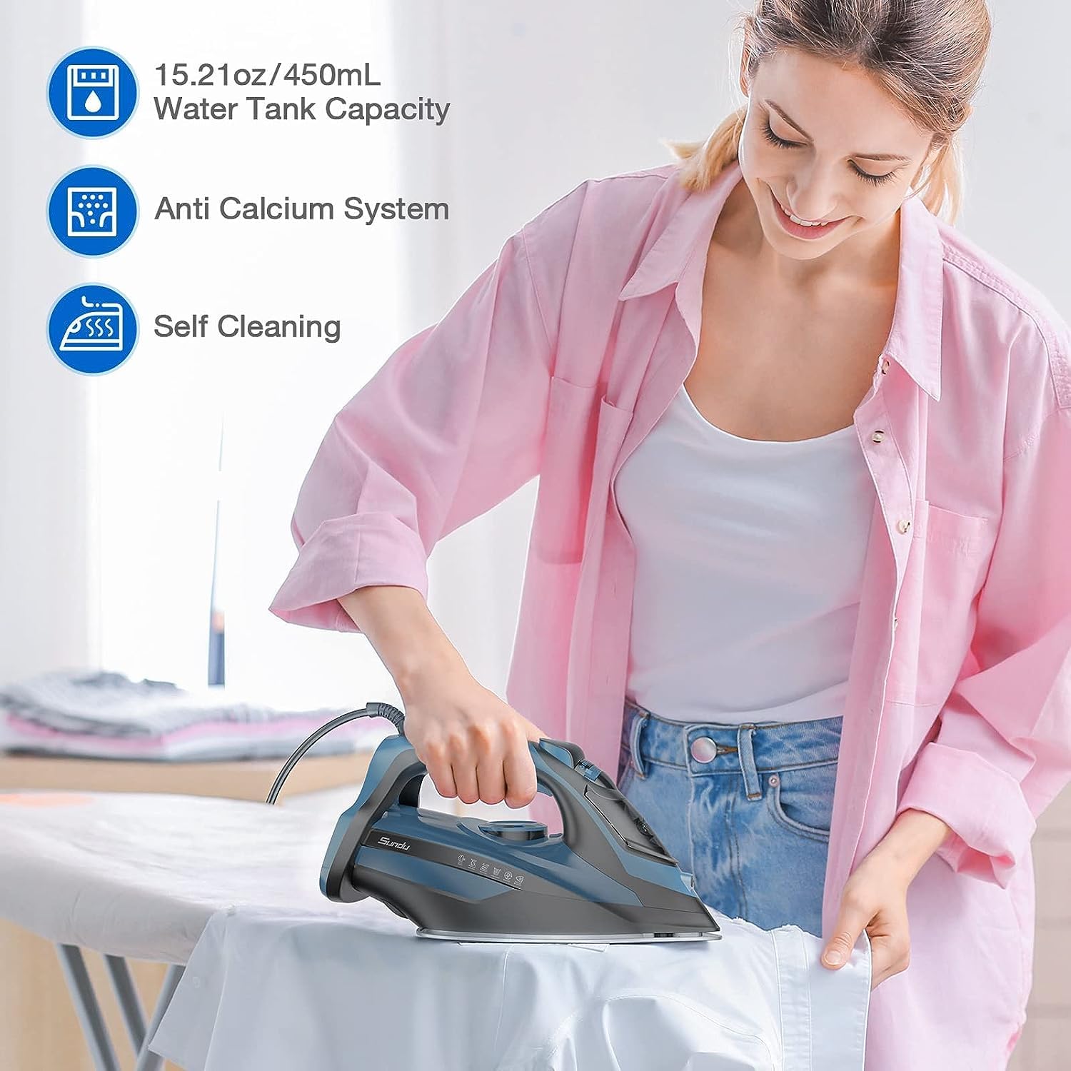 Sundu Steam Iron for Clothes with Rapid Heating Ceramic Coated Soleplate, 1700W with Precise Thermostat Dial, Self-Cleaning, Auto-Off, 15.21oz Water Tank for Home Clothes Ironing Use, Blue