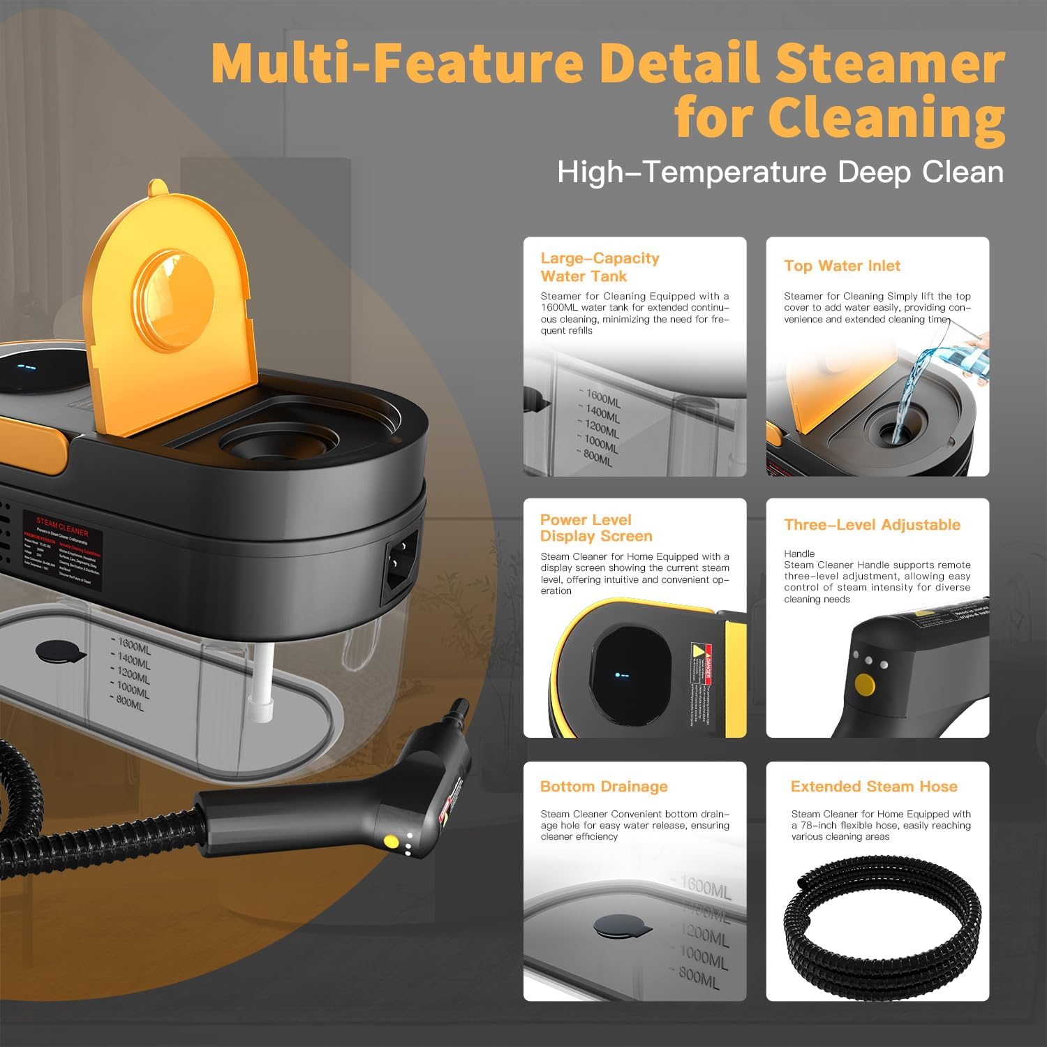Steam Cleaner, 3-Level Adjustable Handle, 15s Heat-Up, 1.69 Quarts Tank, Portable Steamer for Cleaning with 11 pcs Accessories, Steam Cleaner for Home for Dirt, Grease, Grout, Tile,Floor,Couch and Car