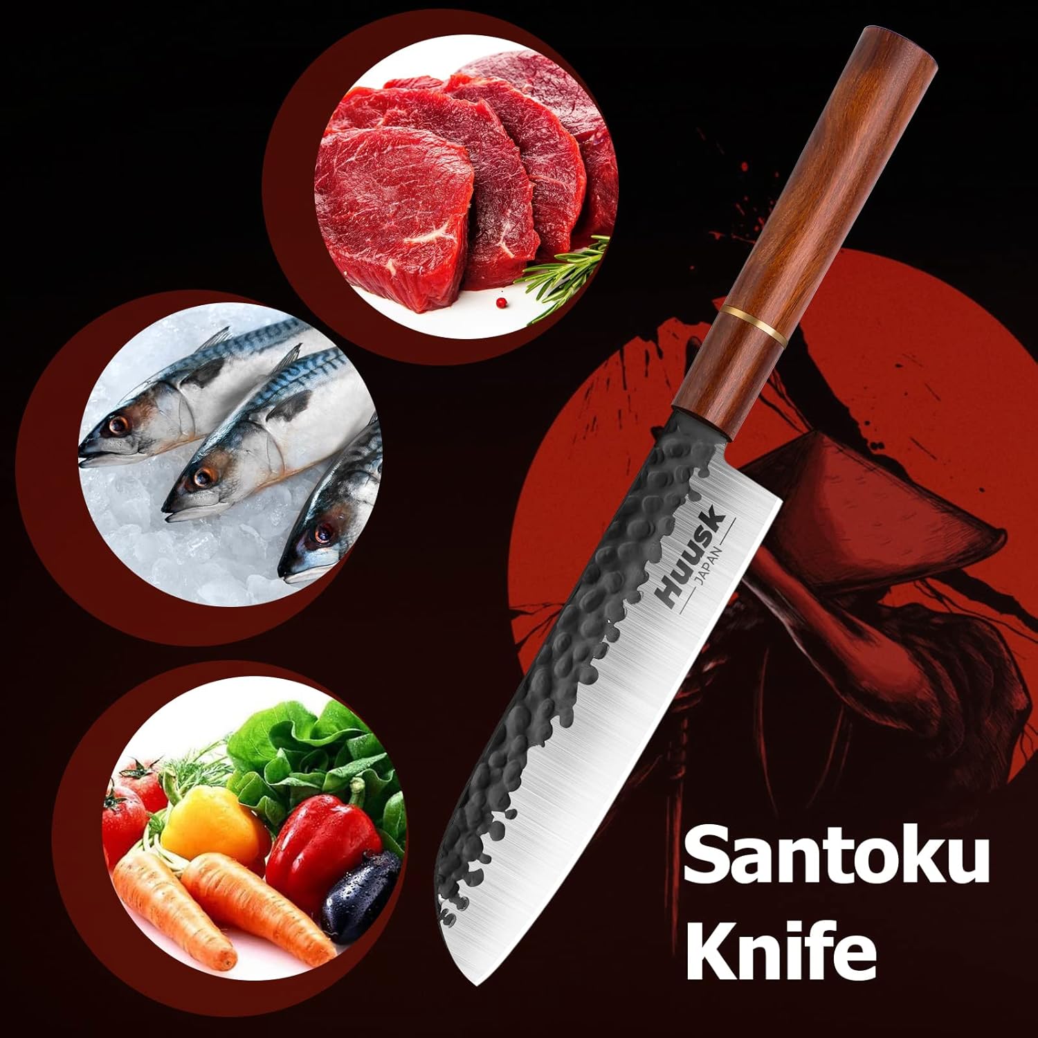 Huusk Japan Knife, 7 Inch Santoku Kitchen Knife, Professional Japanese Chefs Knife Hand Forged High Carbon Steel Sharp Chopping Knife, Ergonomic Rosewood Handle, for Meat, Fish, Gift for Dad