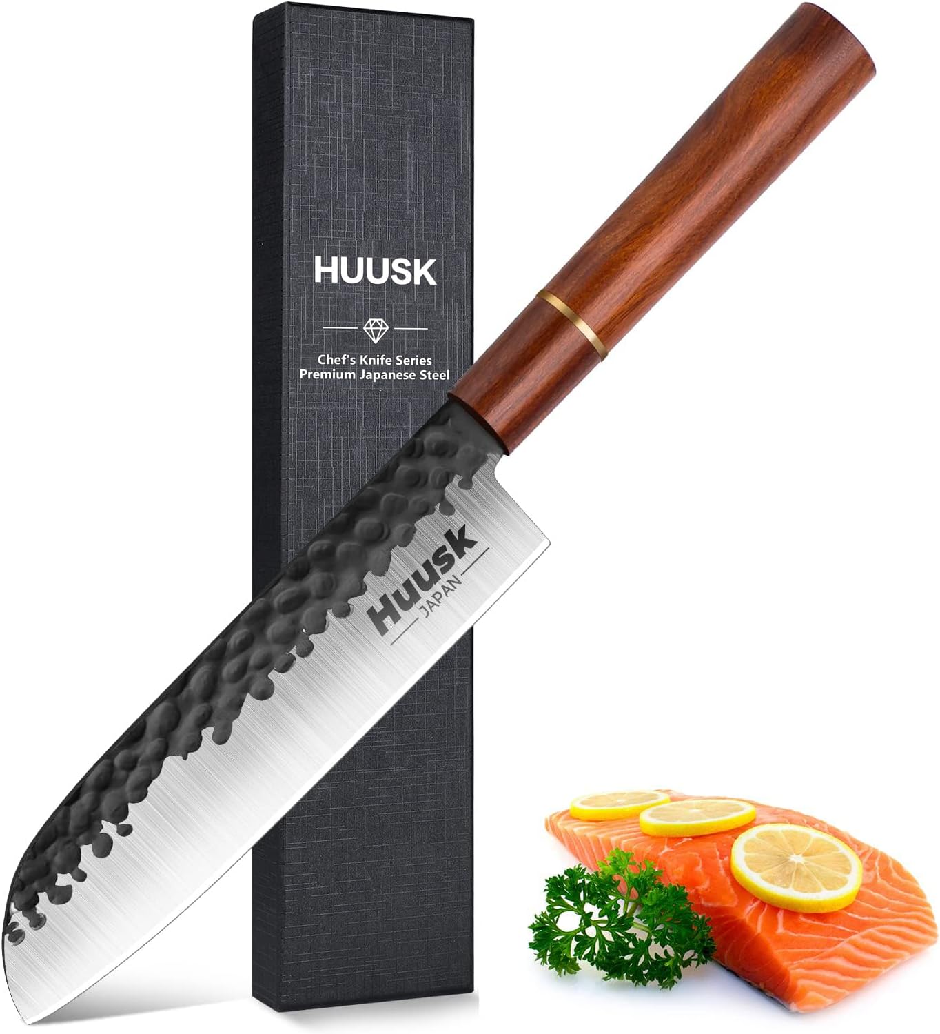 Huusk Japan Knife, 7 Inch Santoku Kitchen Knife, Professional Japanese Chefs Knife Hand Forged High Carbon Steel Sharp Chopping Knife, Ergonomic Rosewood Handle, for Meat, Fish, Gift for Dad