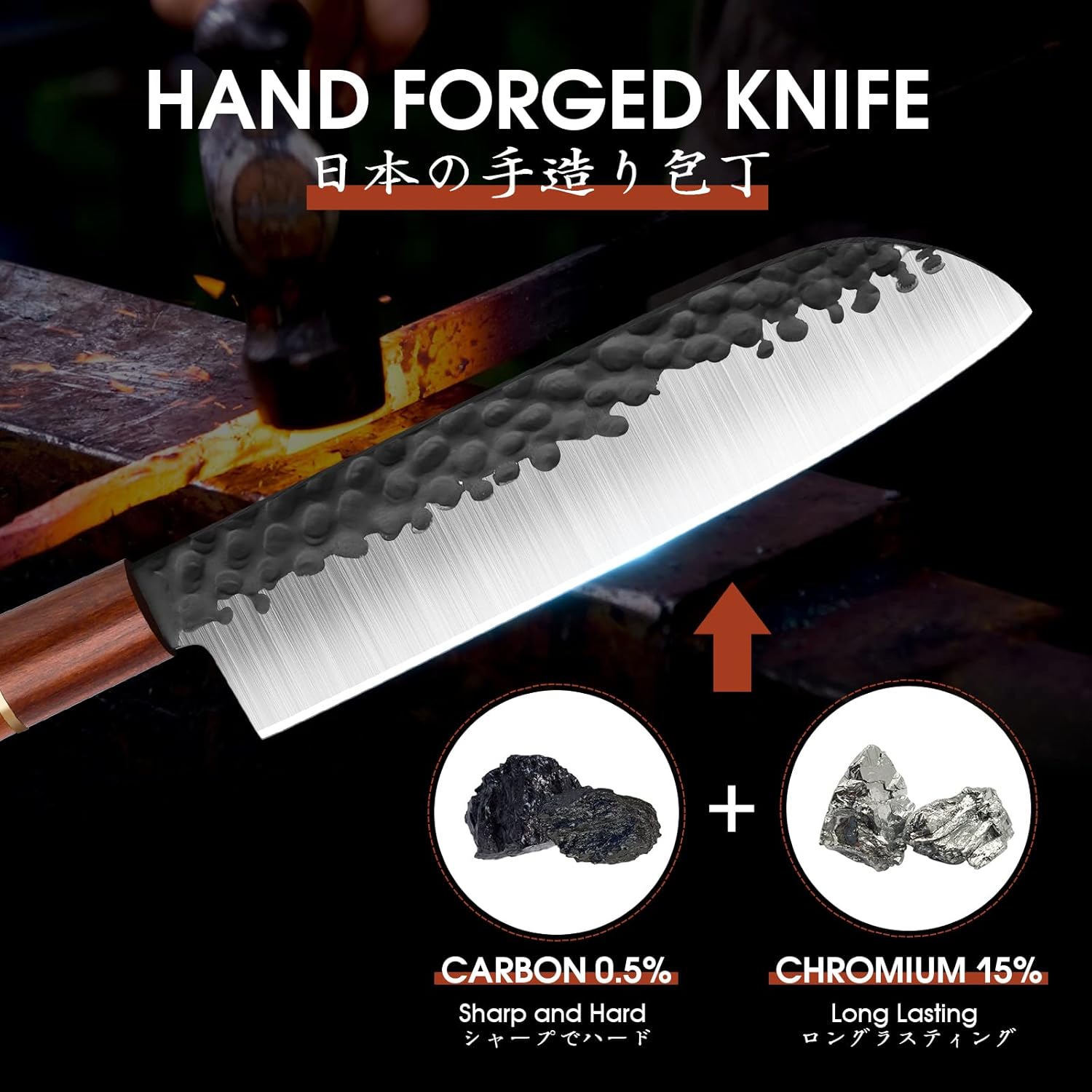 Huusk Japan Knife, 7 Inch Santoku Kitchen Knife, Professional Japanese Chefs Knife Hand Forged High Carbon Steel Sharp Chopping Knife, Ergonomic Rosewood Handle, for Meat, Fish, Gift for Dad