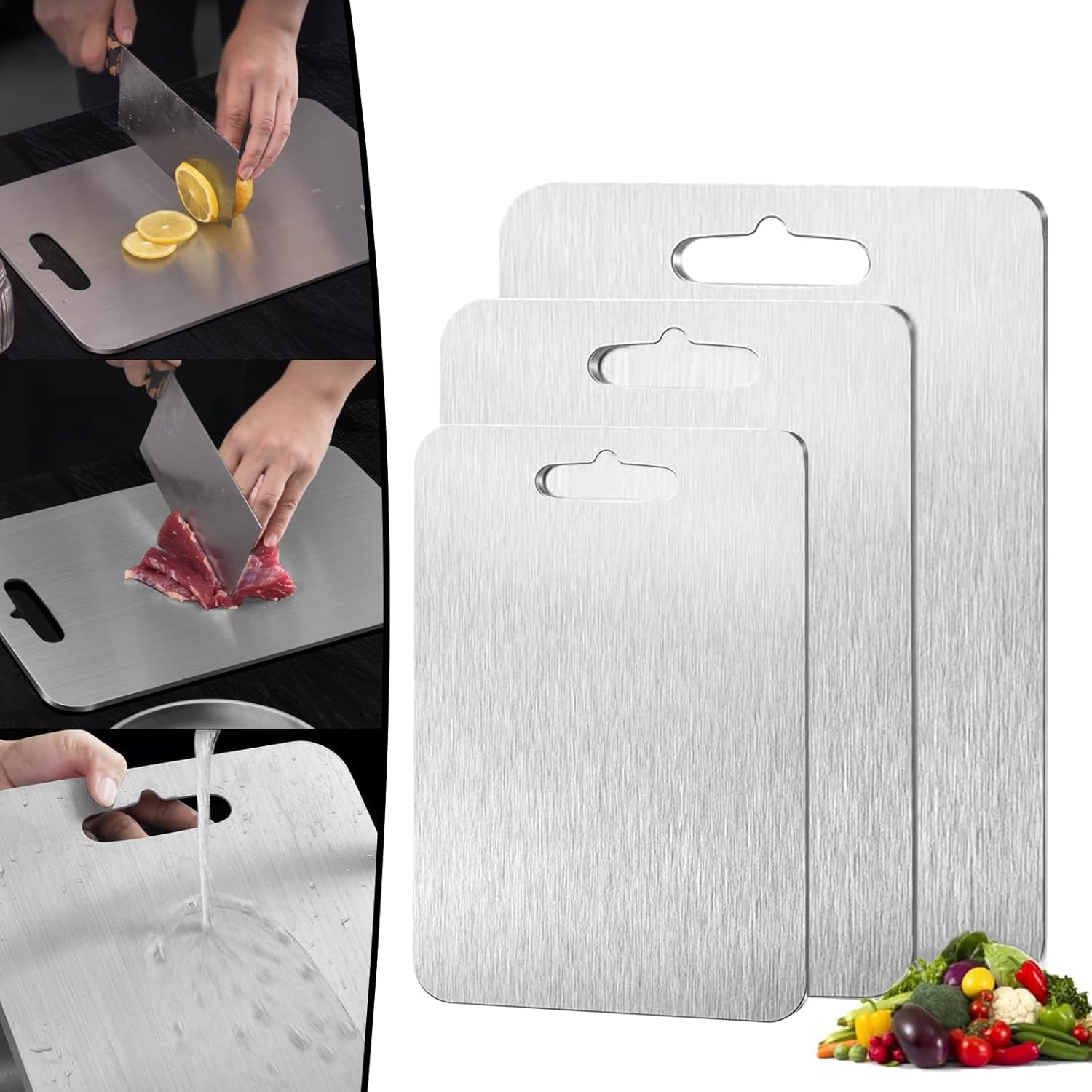 Titanium Cutting Board for Kitchen with PVC Non-slip Mat, 100% Titanium Cutting Boards with Handle, 2 Sided Use Metal Chopping Boards for Home Counter Outdoor Camping Housewarming Gifts (12×8 inch)